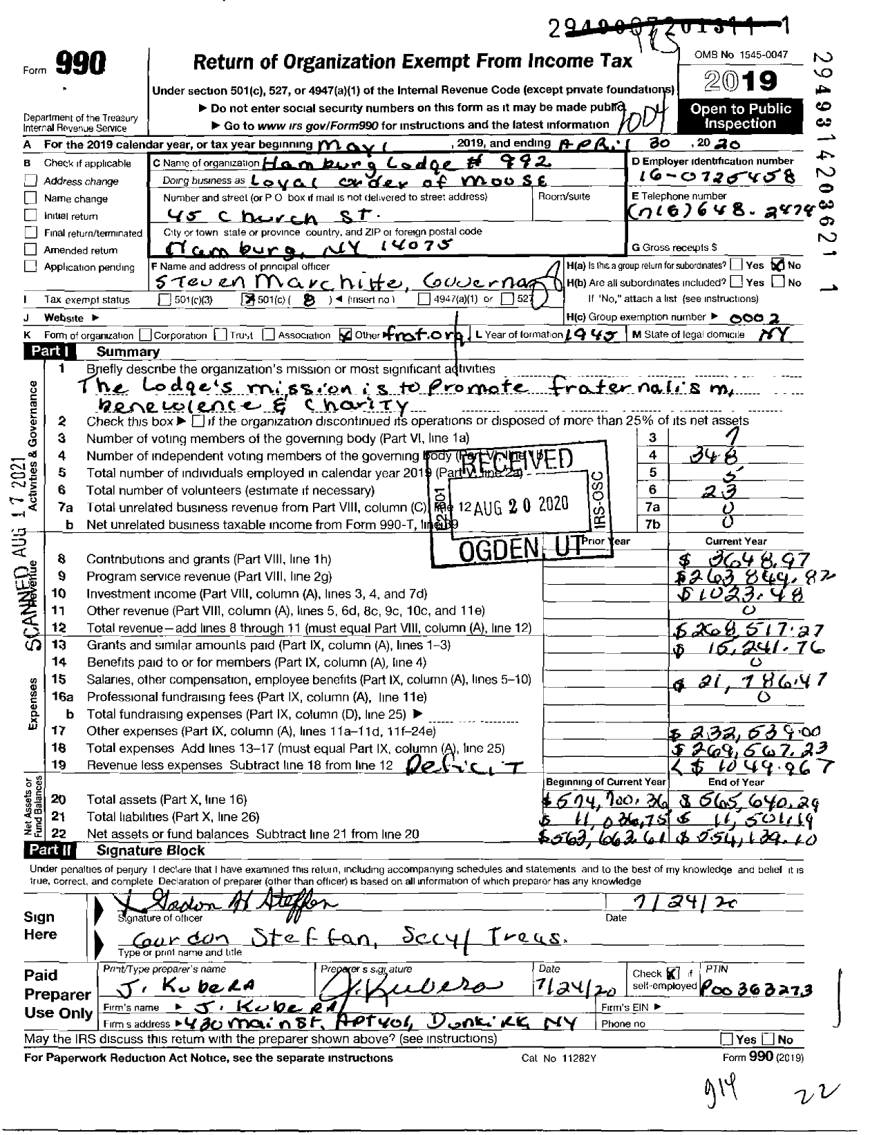 Image of first page of 2019 Form 990O for Loyal Order of Moose - 992