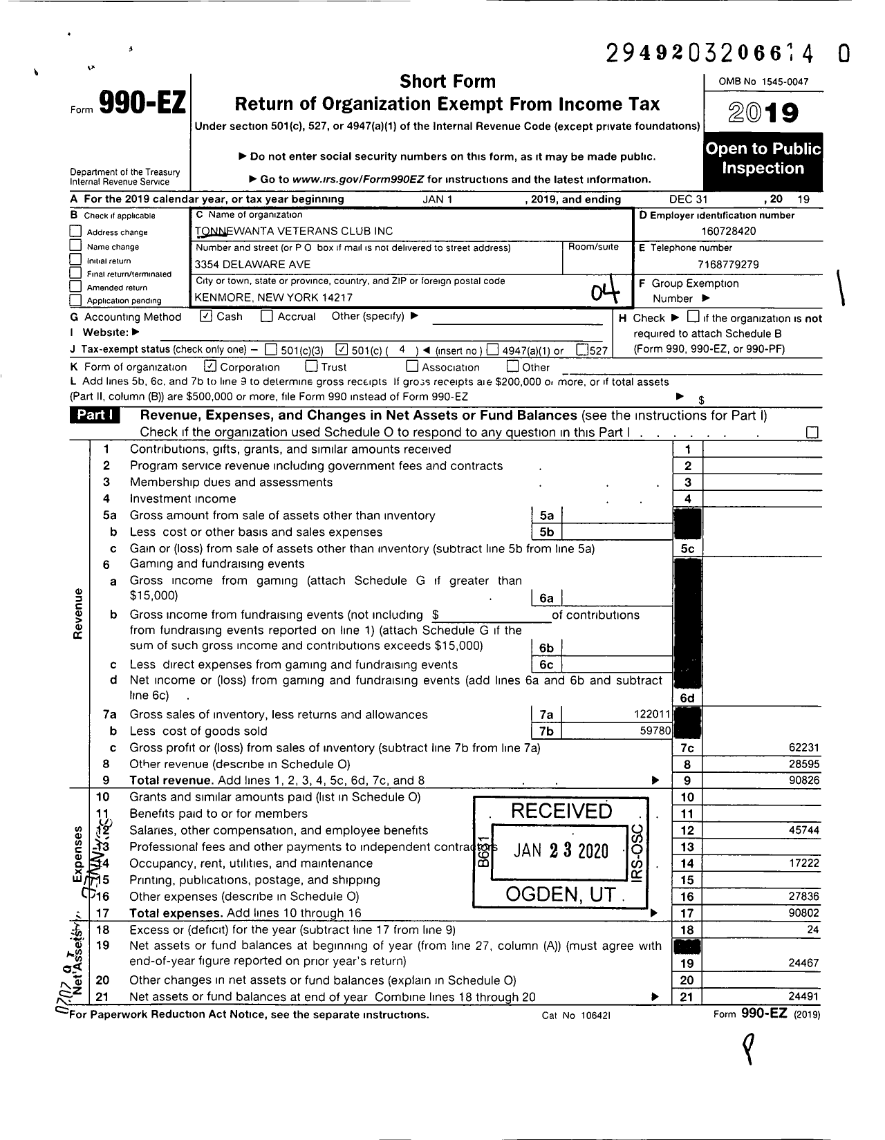 Image of first page of 2019 Form 990EO for Tonnewanta Veterans Club