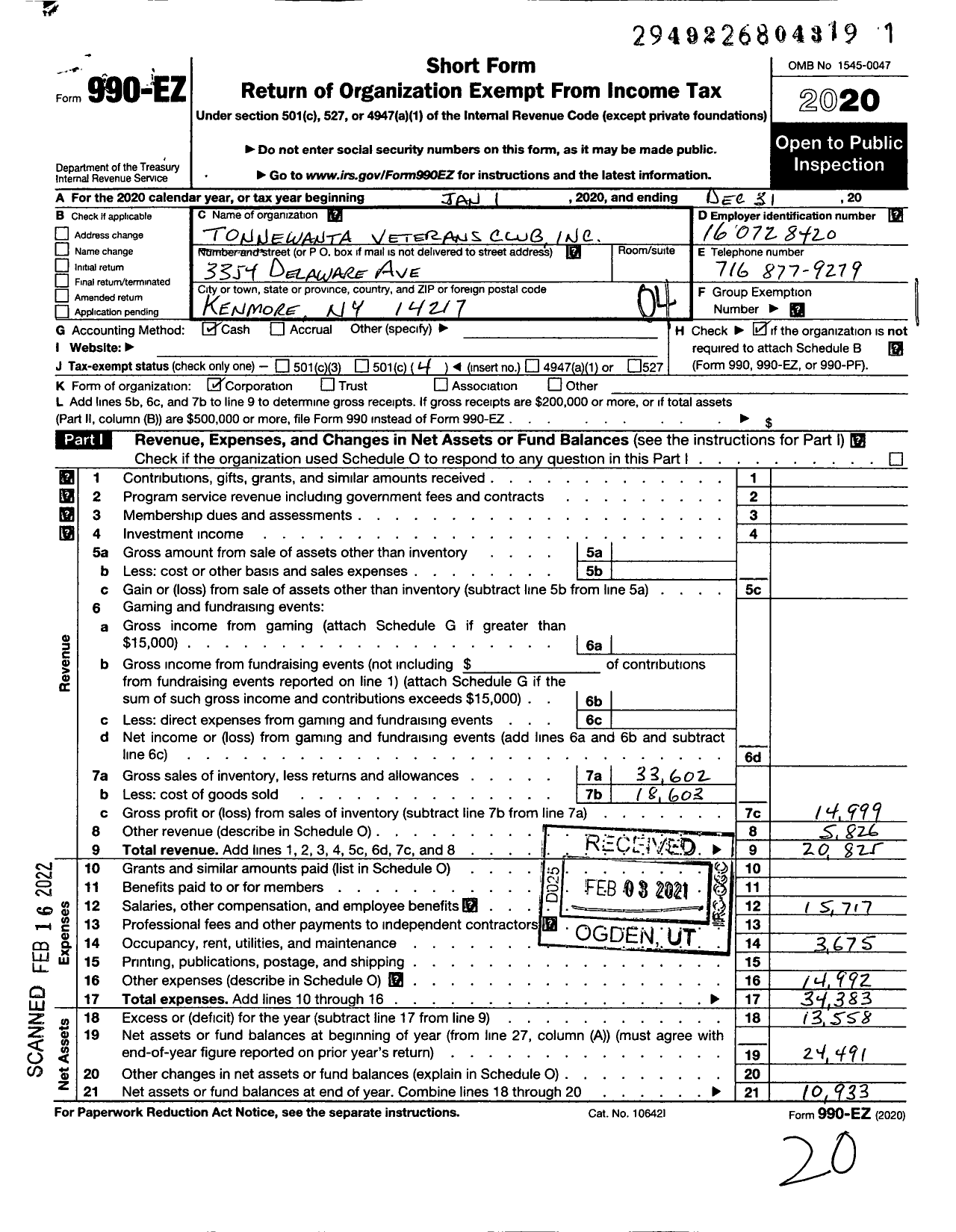 Image of first page of 2020 Form 990EO for Tonnewanta Veterans Club