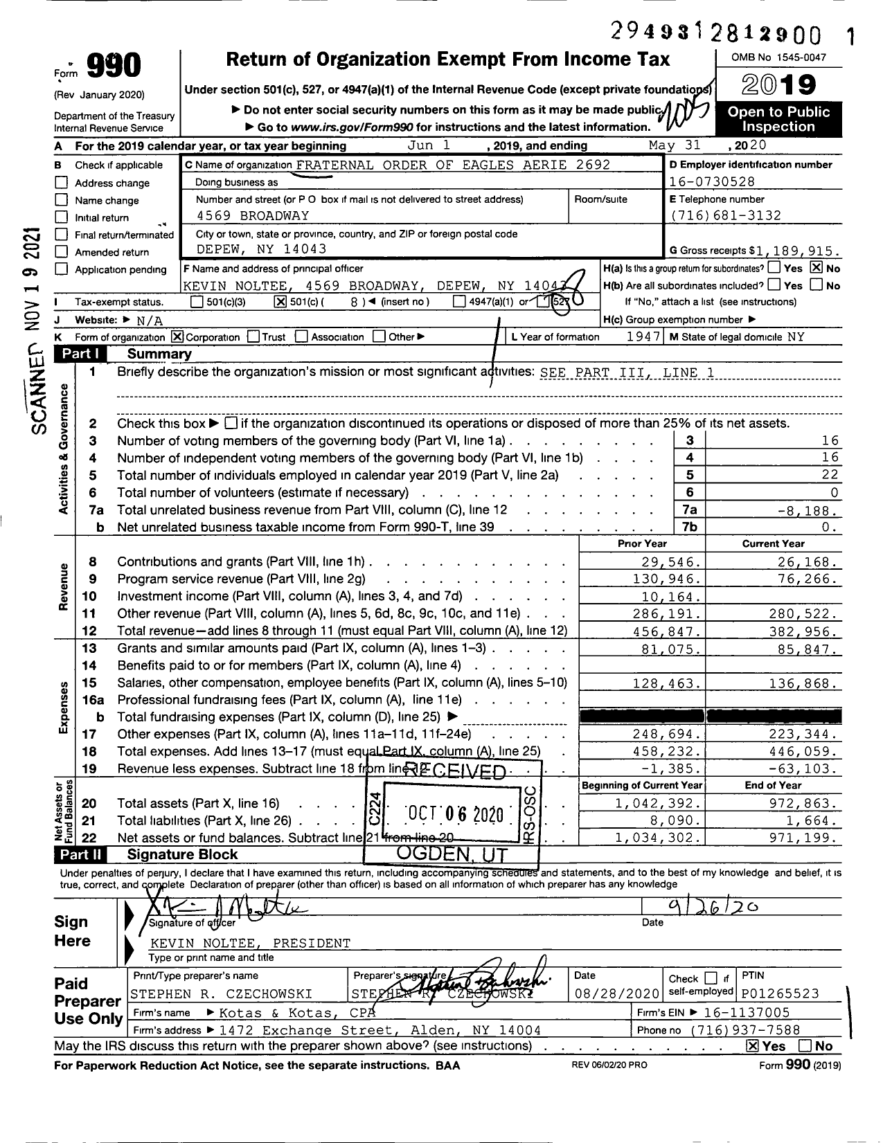 Image of first page of 2019 Form 990O for Fraternal Order of Eagles - 2692 Aerie