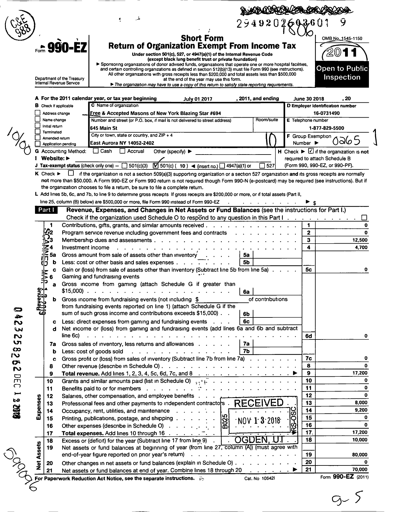 Image of first page of 2017 Form 990EO for Free and Accepted Masons of New York - 694 Blazing Star Lodge