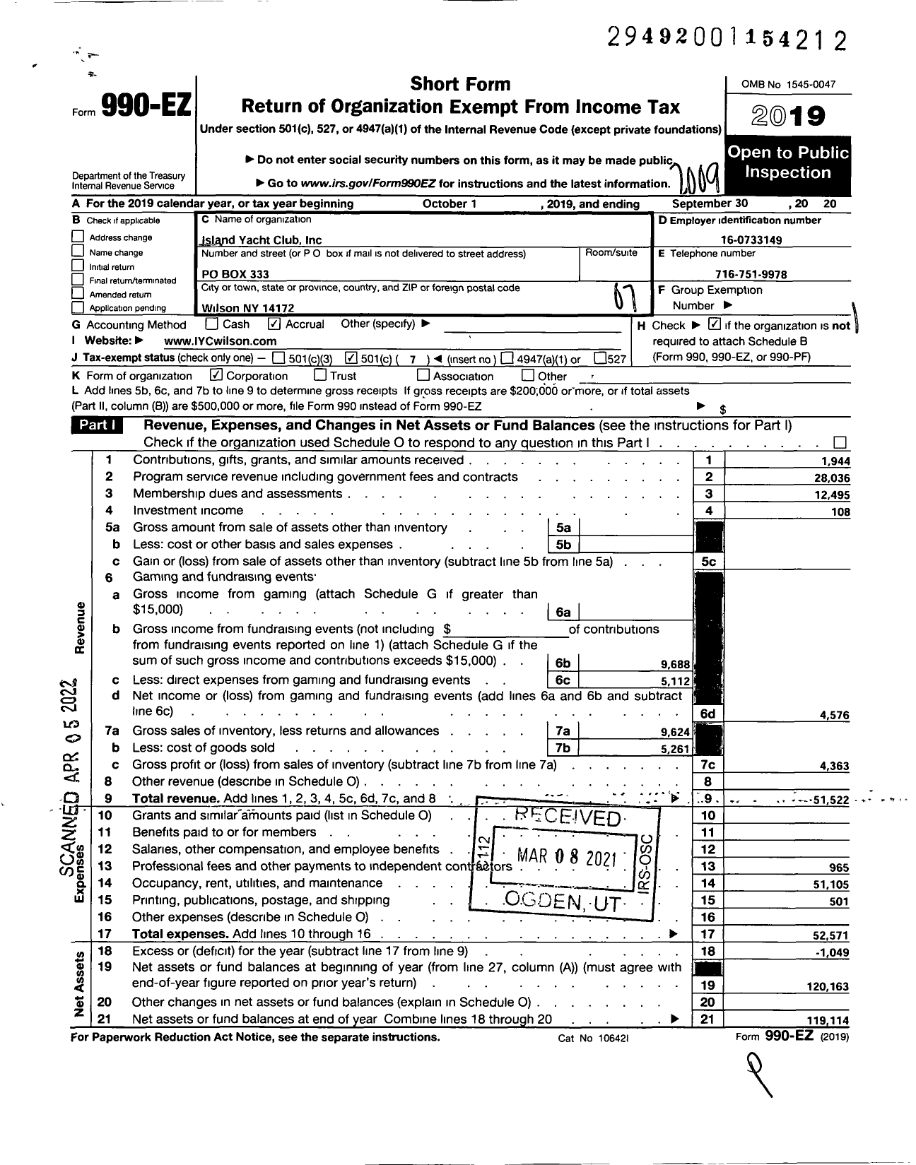 Image of first page of 2019 Form 990EO for Island Yacht Club