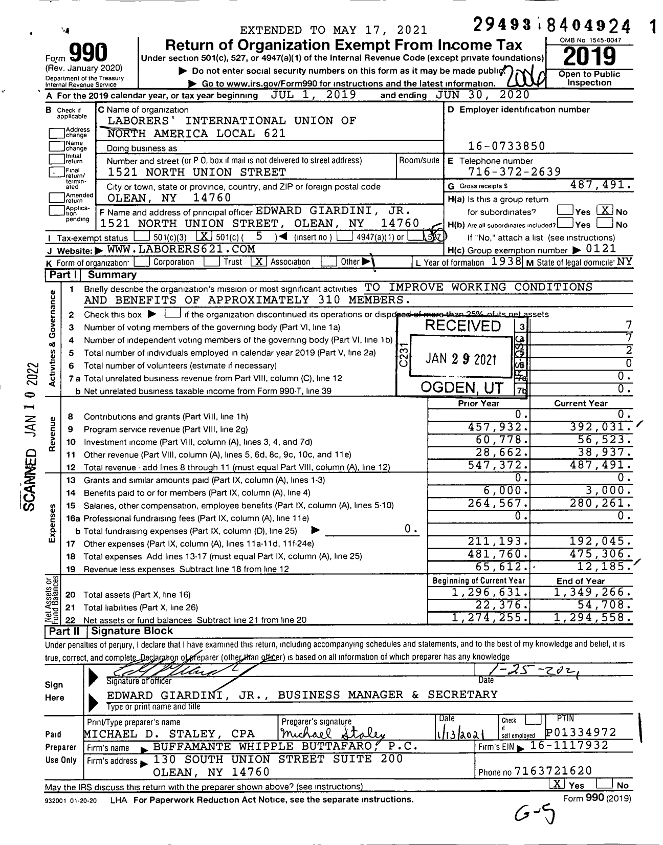 Image of first page of 2019 Form 990O for Laborers' International Union of North America - 621 Local Union