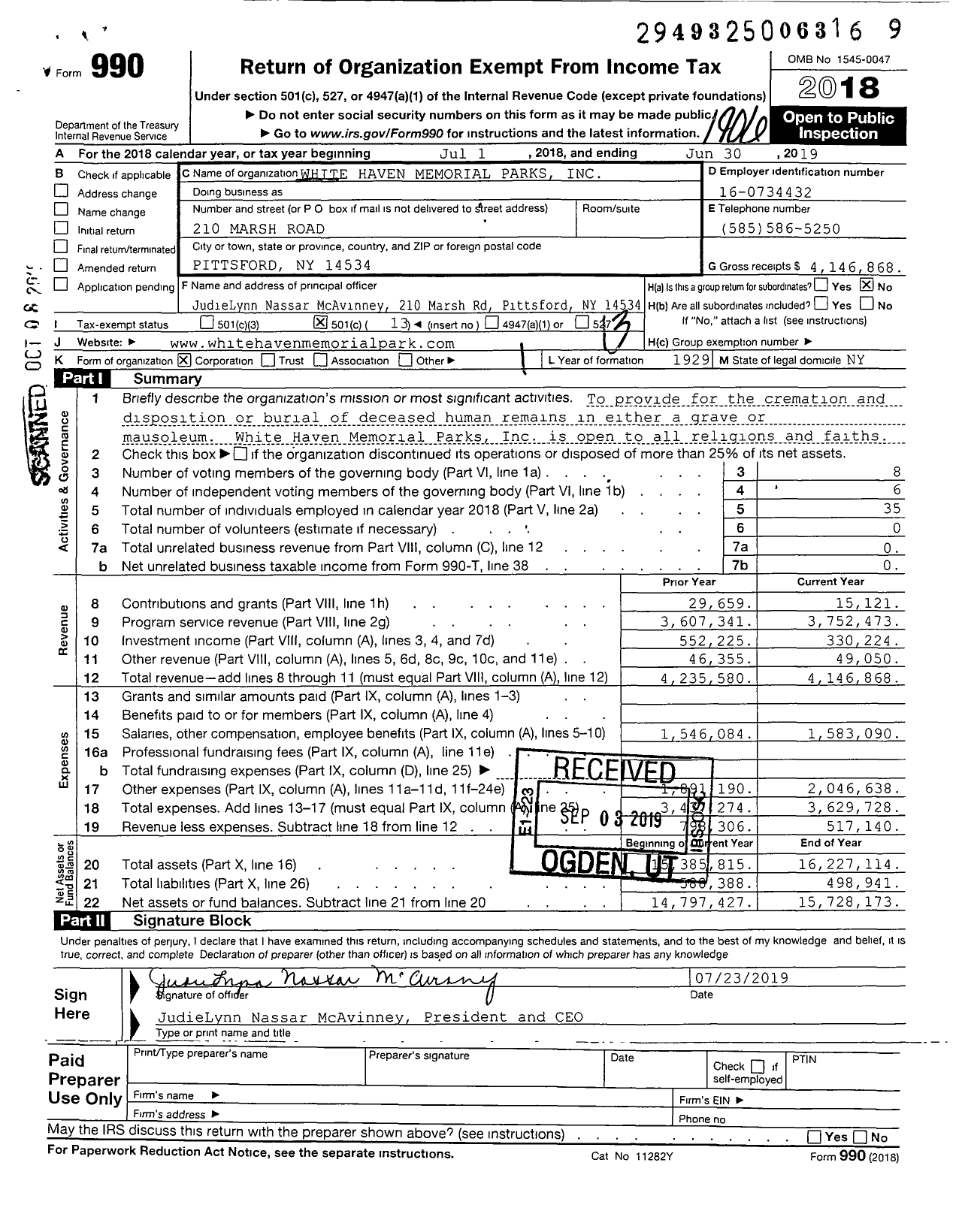 Image of first page of 2018 Form 990O for White Haven Memorial Parks
