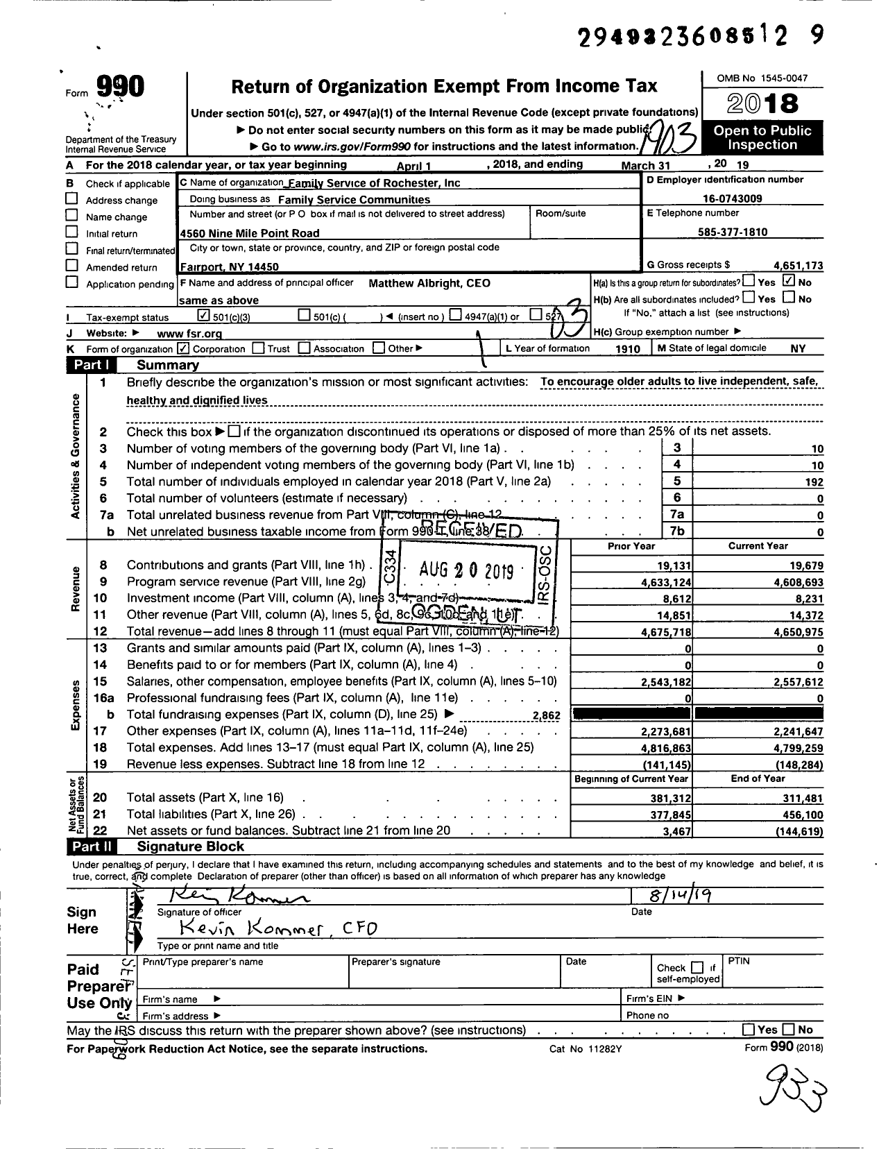 Image of first page of 2018 Form 990 for Family Service Communities