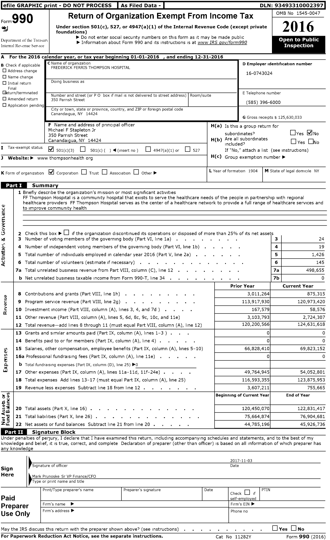 Image of first page of 2016 Form 990 for The Frederick Ferris Thompson Hospital