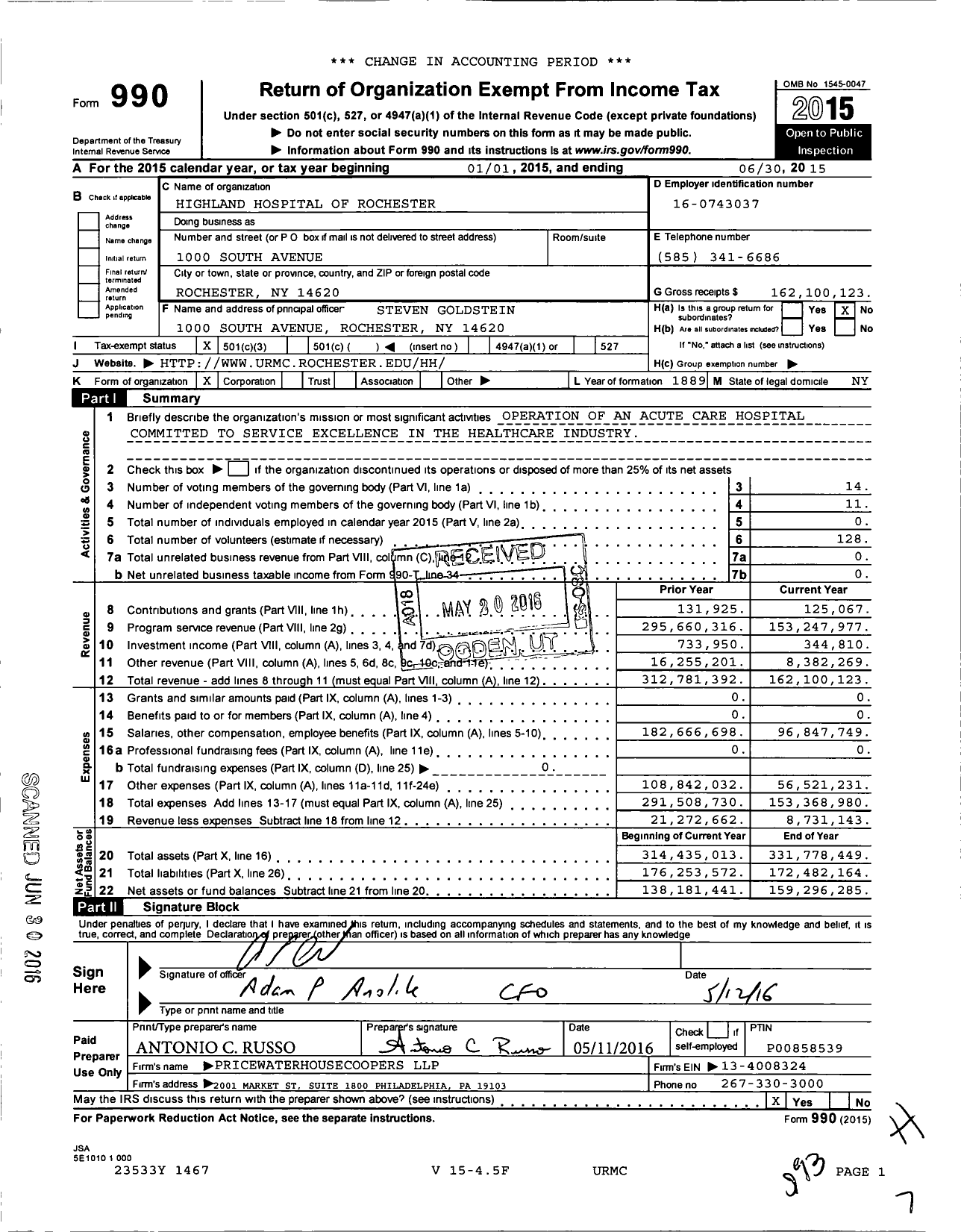 Image of first page of 2014 Form 990 for Highland Hospital