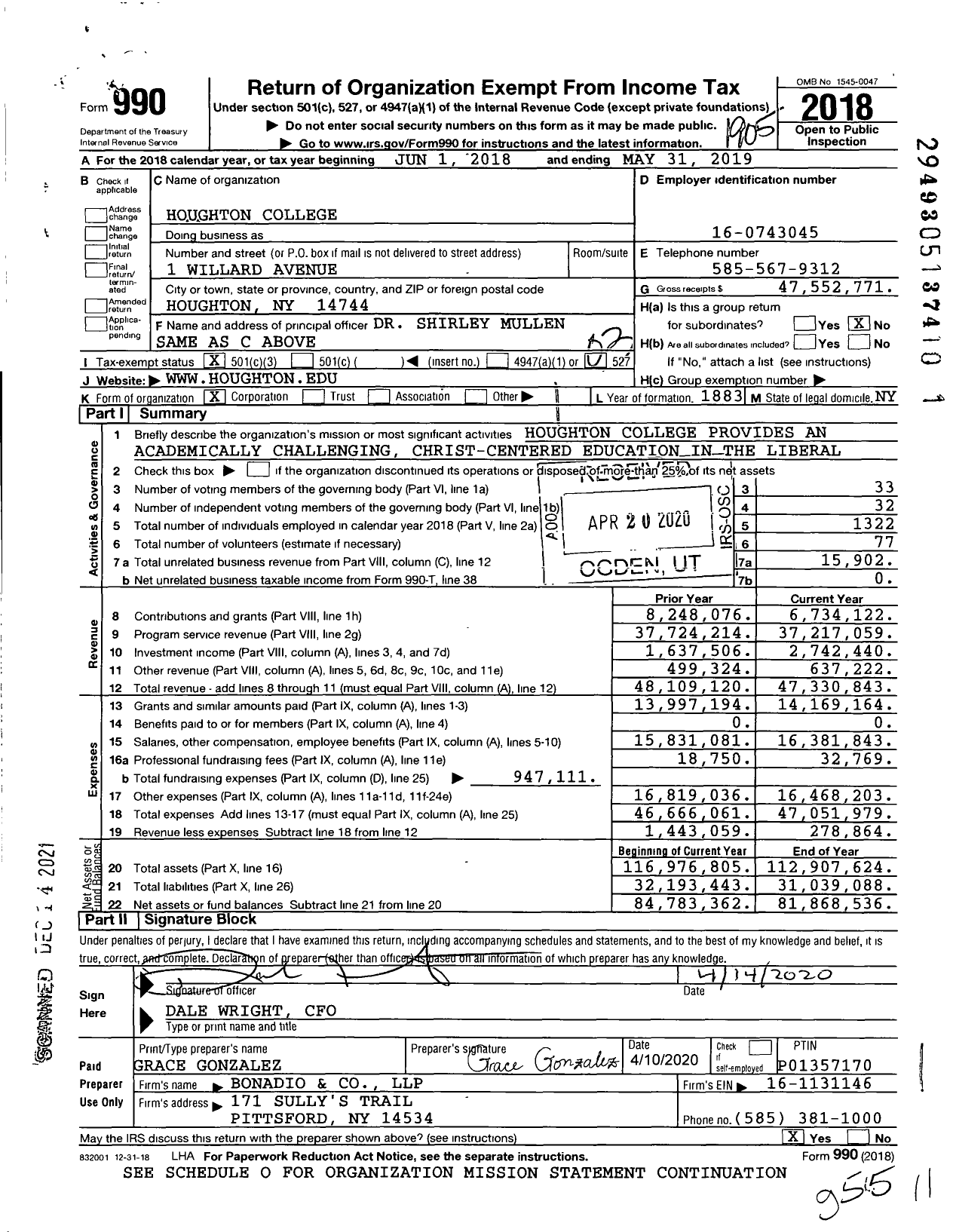 Image of first page of 2018 Form 990 for Houghton University