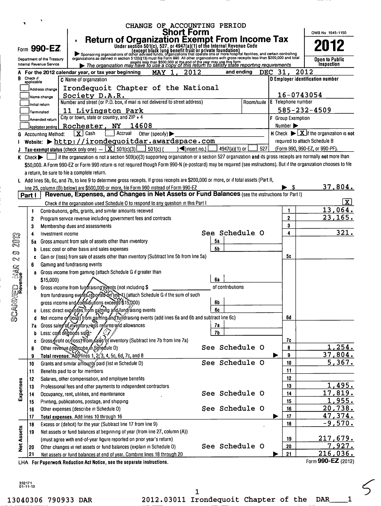 Image of first page of 2012 Form 990EZ for Daughters of the American Revolution - Ironequoit DAR