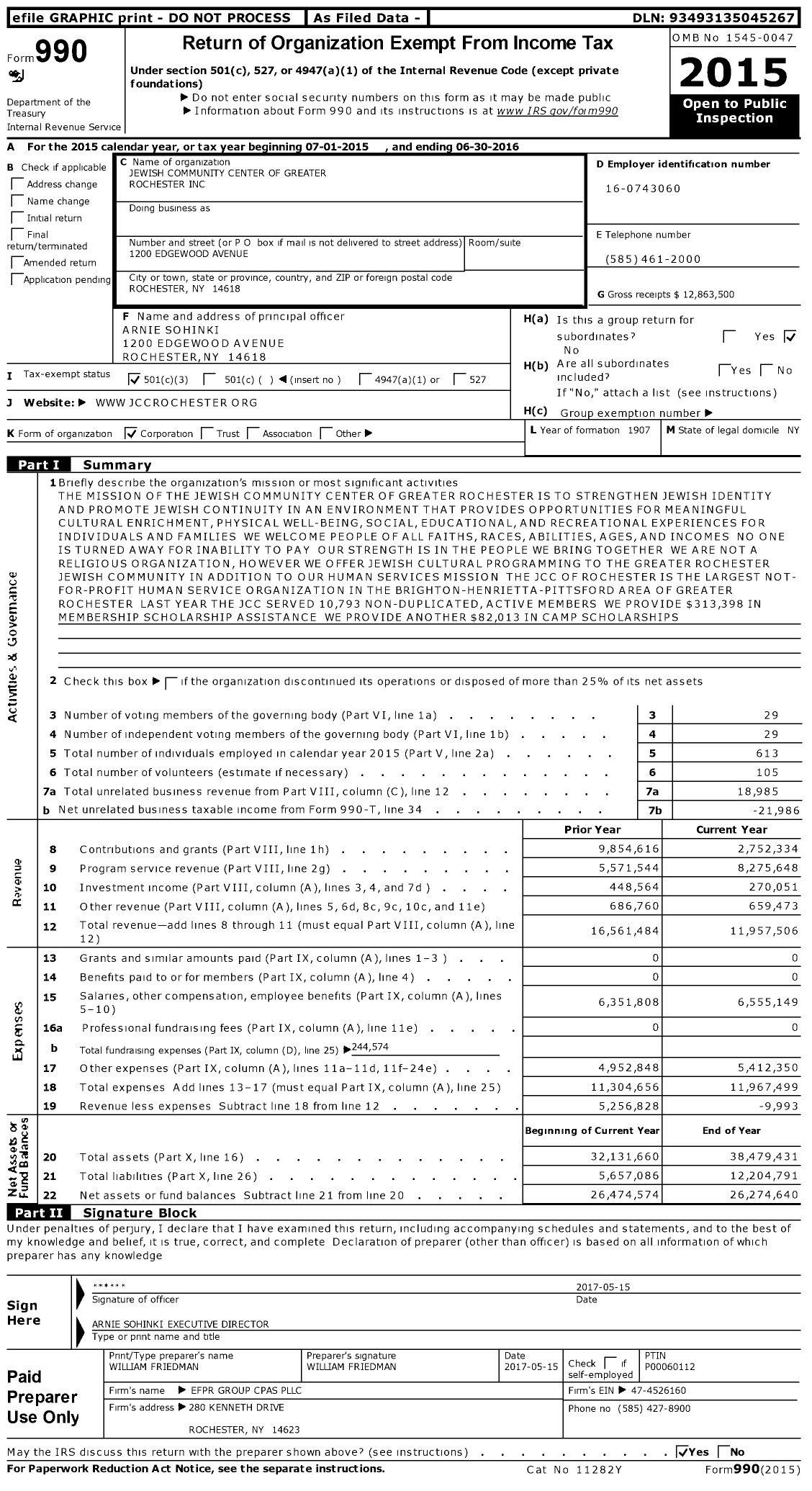 Image of first page of 2015 Form 990 for Jewish Community Center of Greater Rochester (JCC)