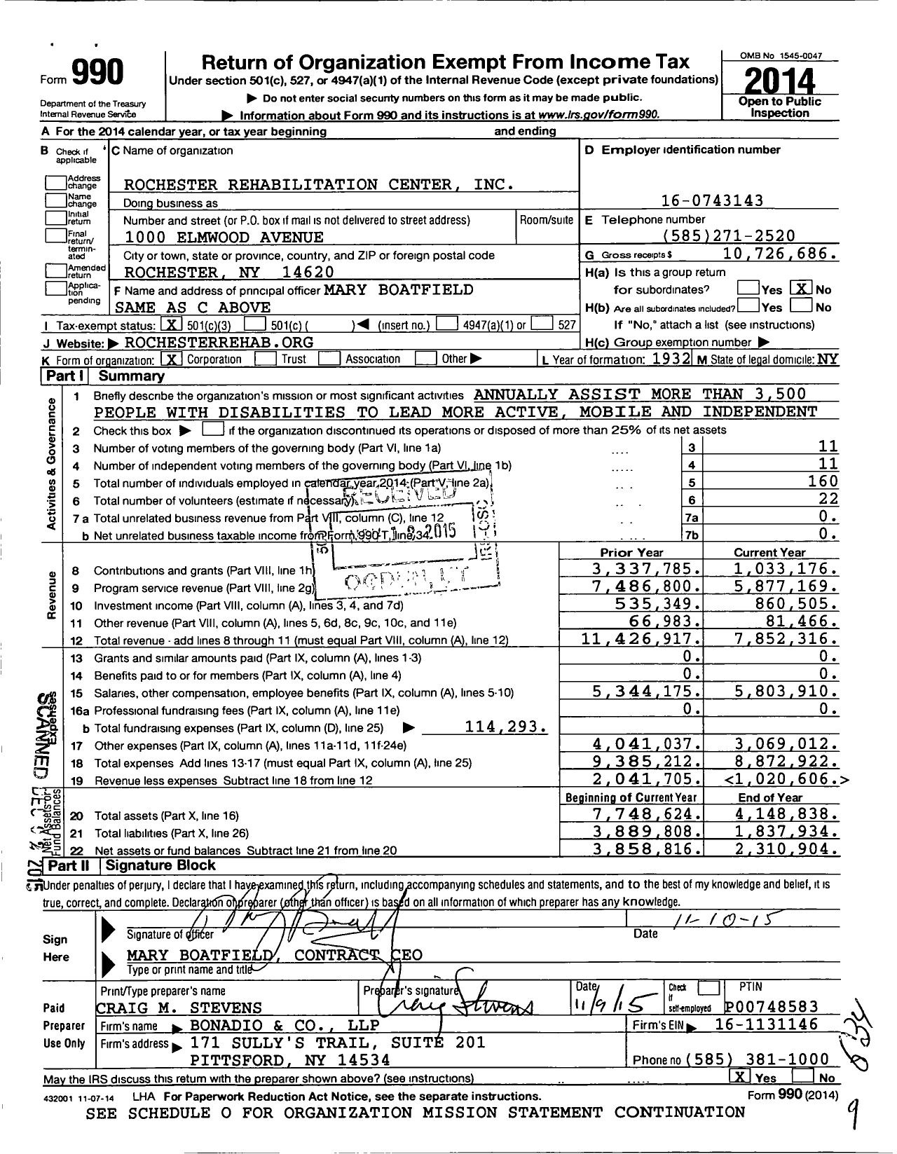 Image of first page of 2014 Form 990 for Rochester Rehabilitation
