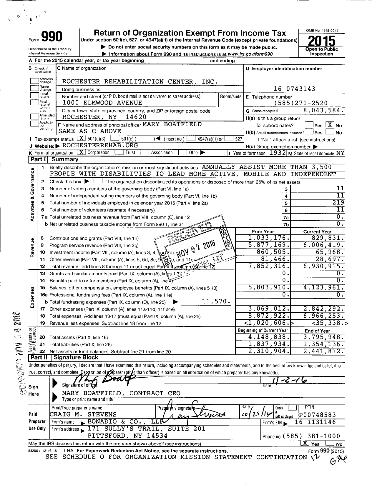 Image of first page of 2015 Form 990 for Rochester Rehabilitation