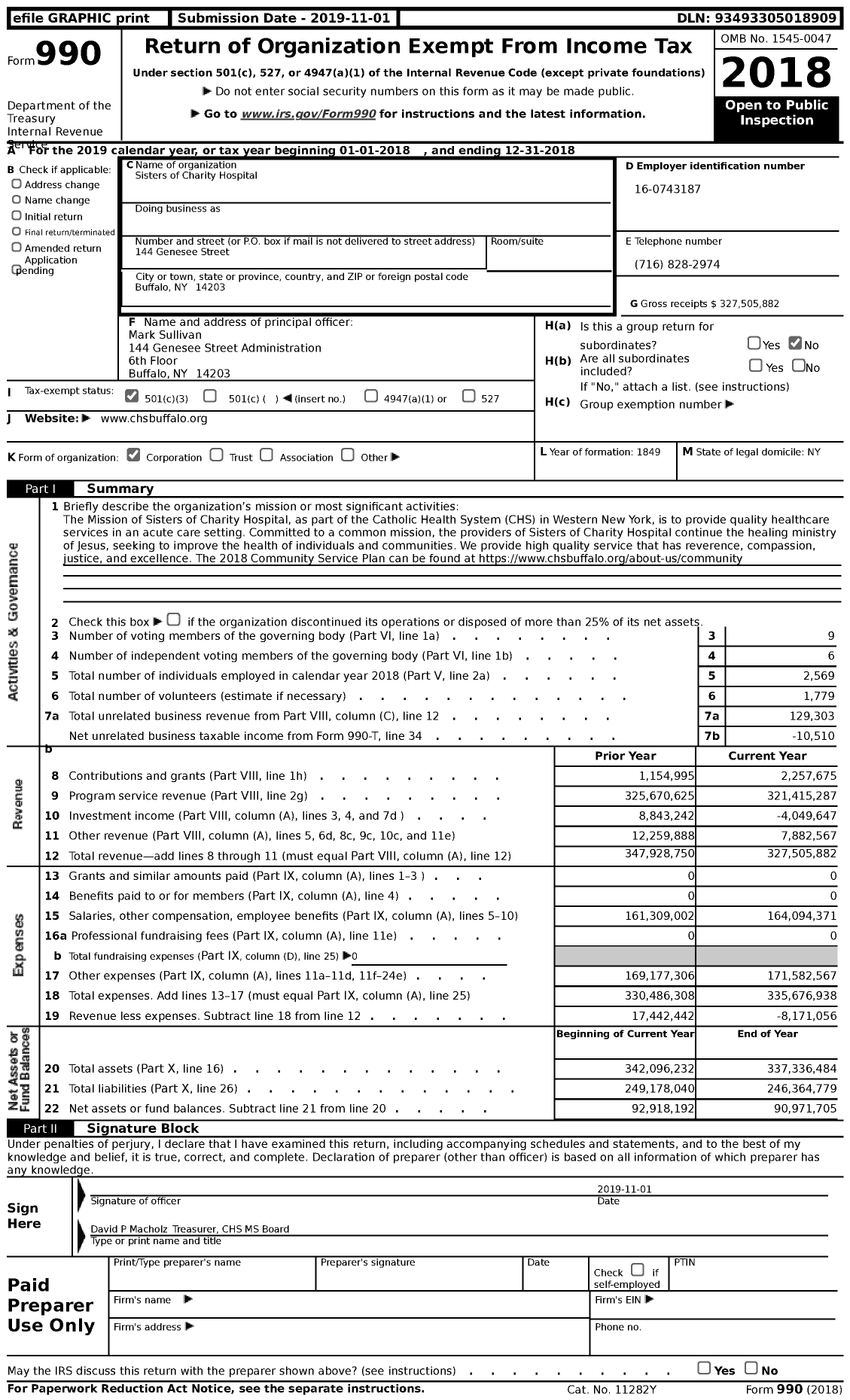 Image of first page of 2018 Form 990 for Sisters of Charity Hospital