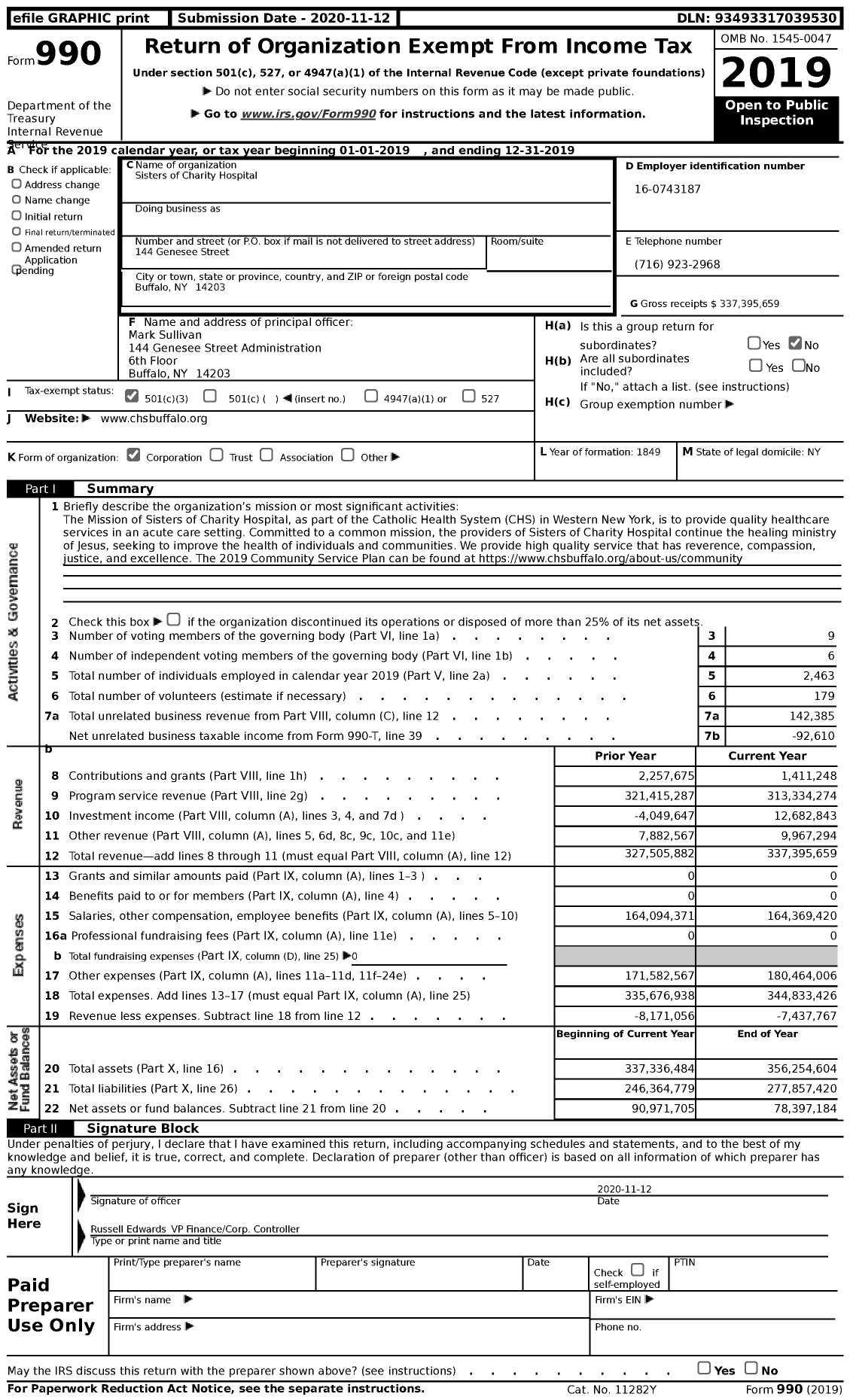 Image of first page of 2019 Form 990 for Sisters of Charity Hospital