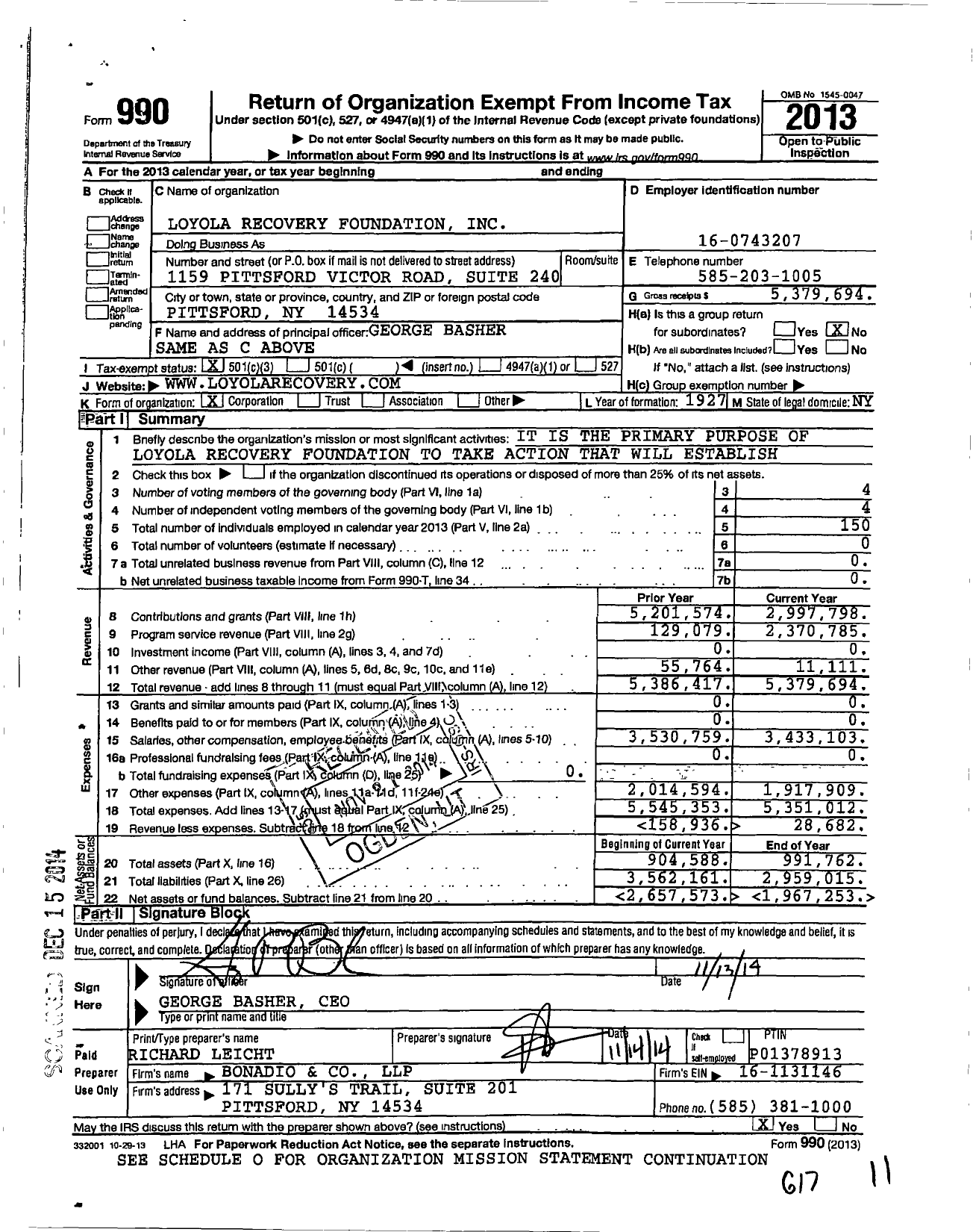 Image of first page of 2013 Form 990 for Loyola Recovery Foundation