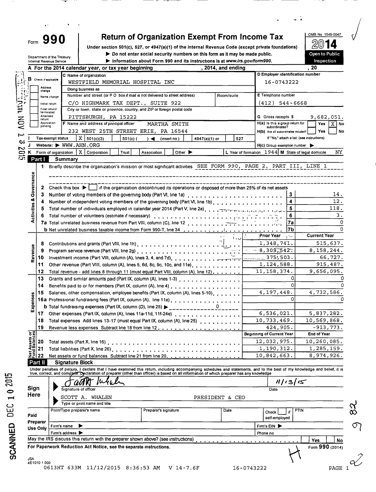 Image of first page of 2014 Form 990 for Westfield Memorial Hospital