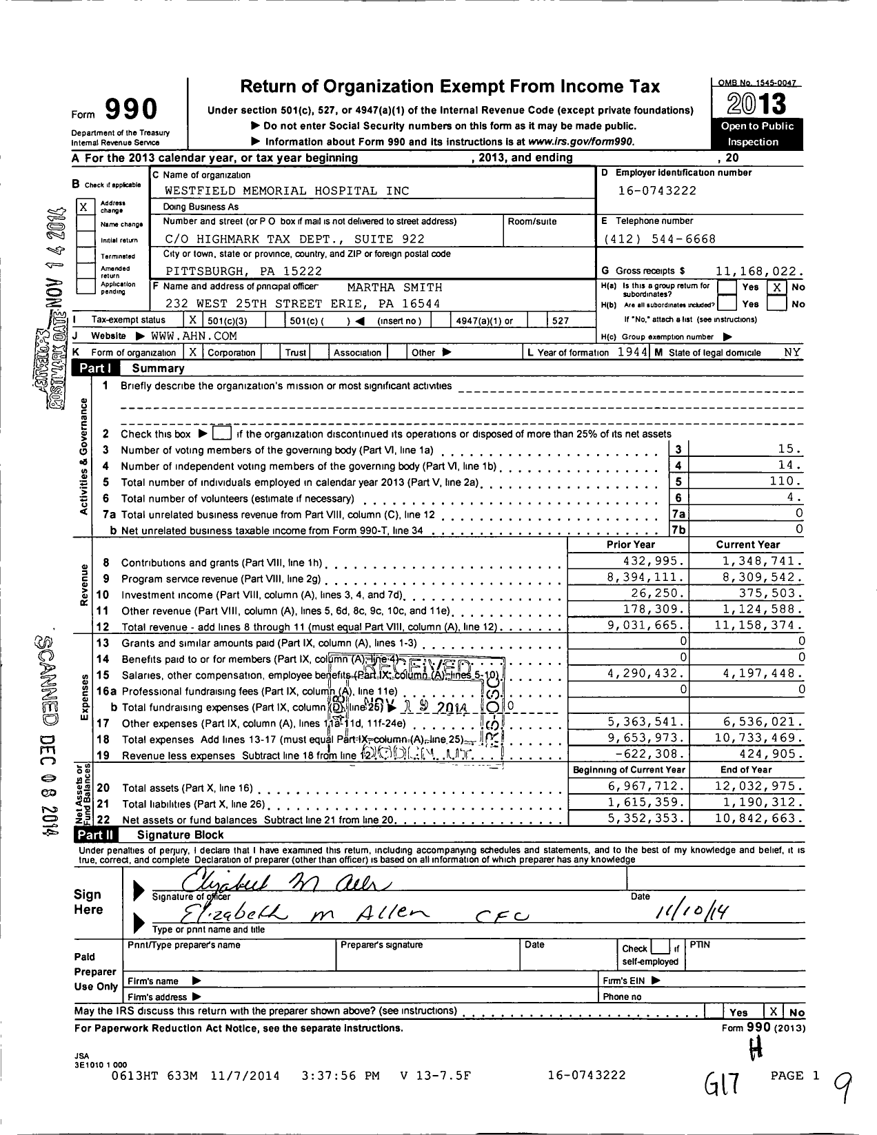 Image of first page of 2013 Form 990 for Westfield Memorial Hospital
