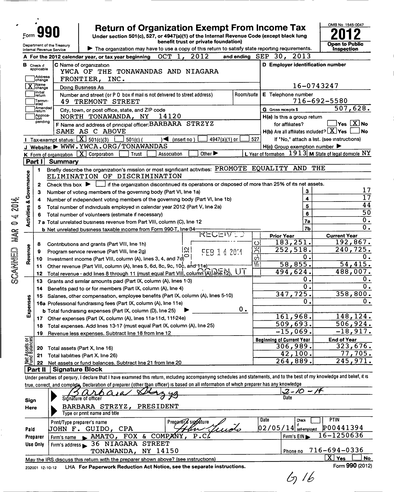 Image of first page of 2012 Form 990 for Ywca of the Tonawandas and Niagara Frontier