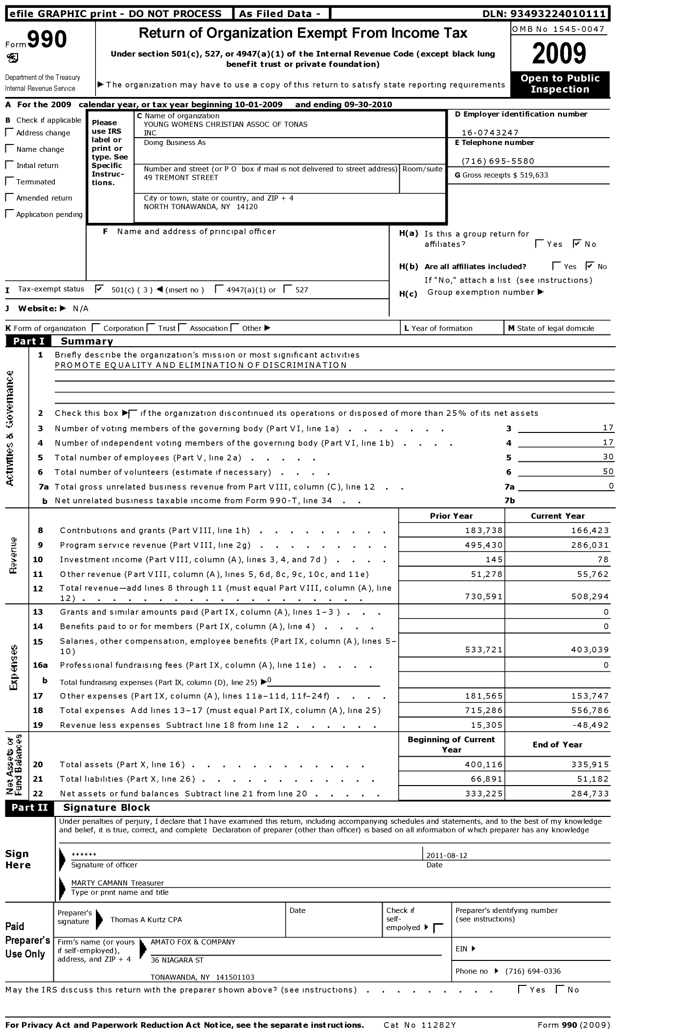 Image of first page of 2009 Form 990 for Ywca of the Tonawandas and Niagara Frontier