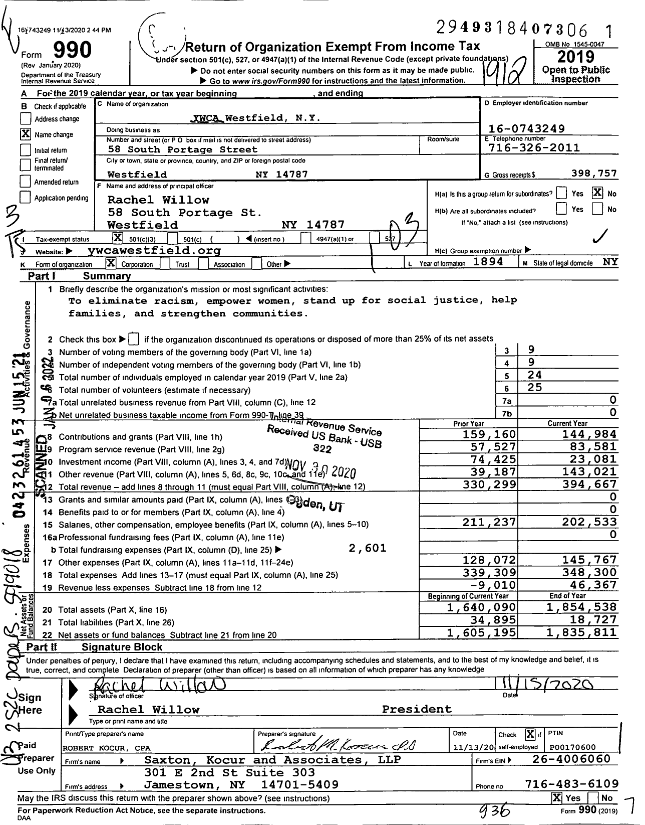 Image of first page of 2019 Form 990 for Ywca Westfield Ny
