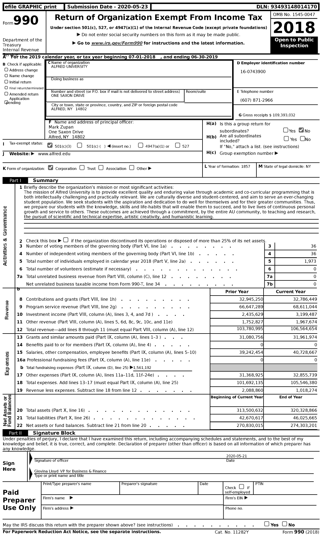 Image of first page of 2018 Form 990 for Alfred University