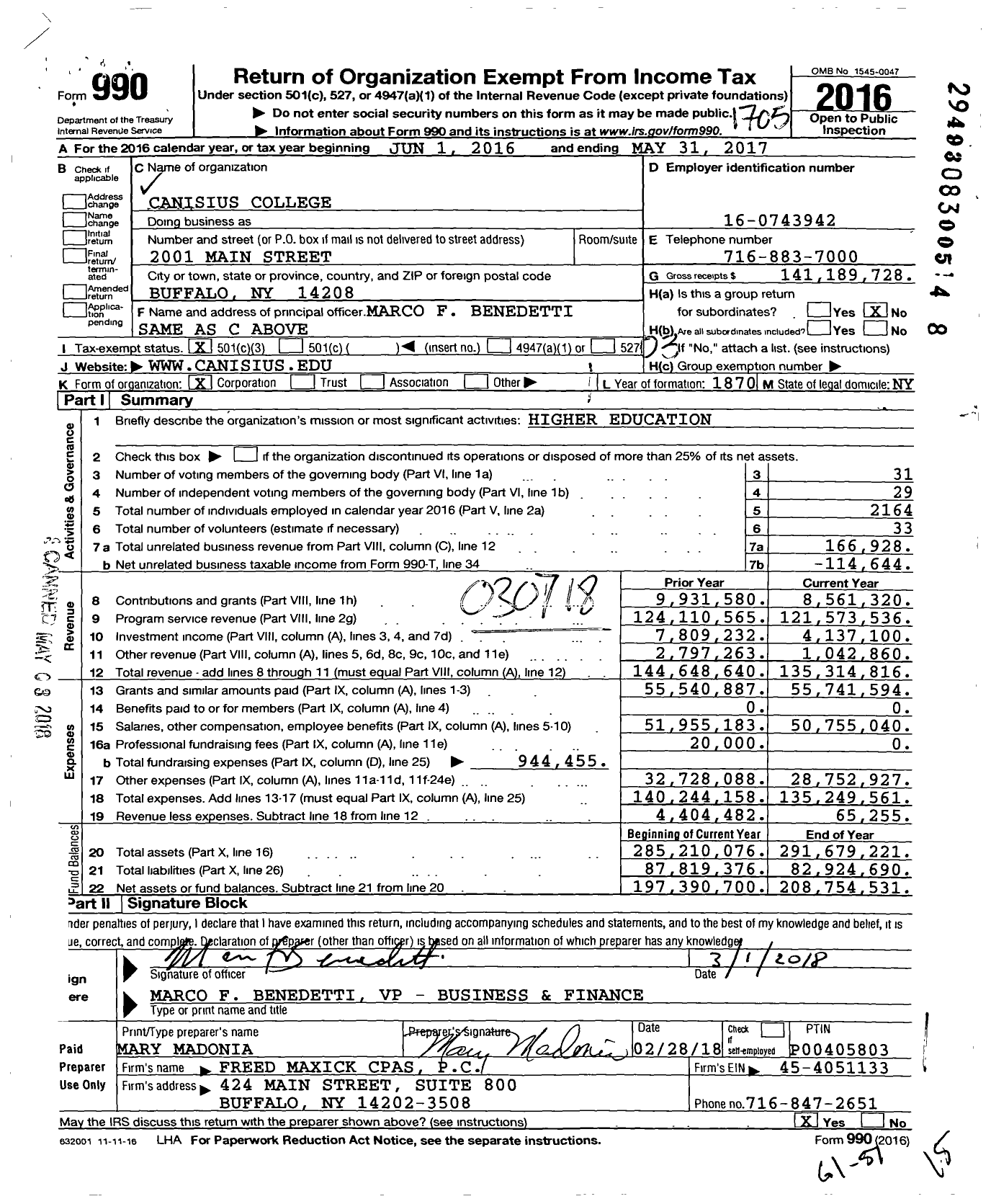 Image of first page of 2016 Form 990 for Canisius College