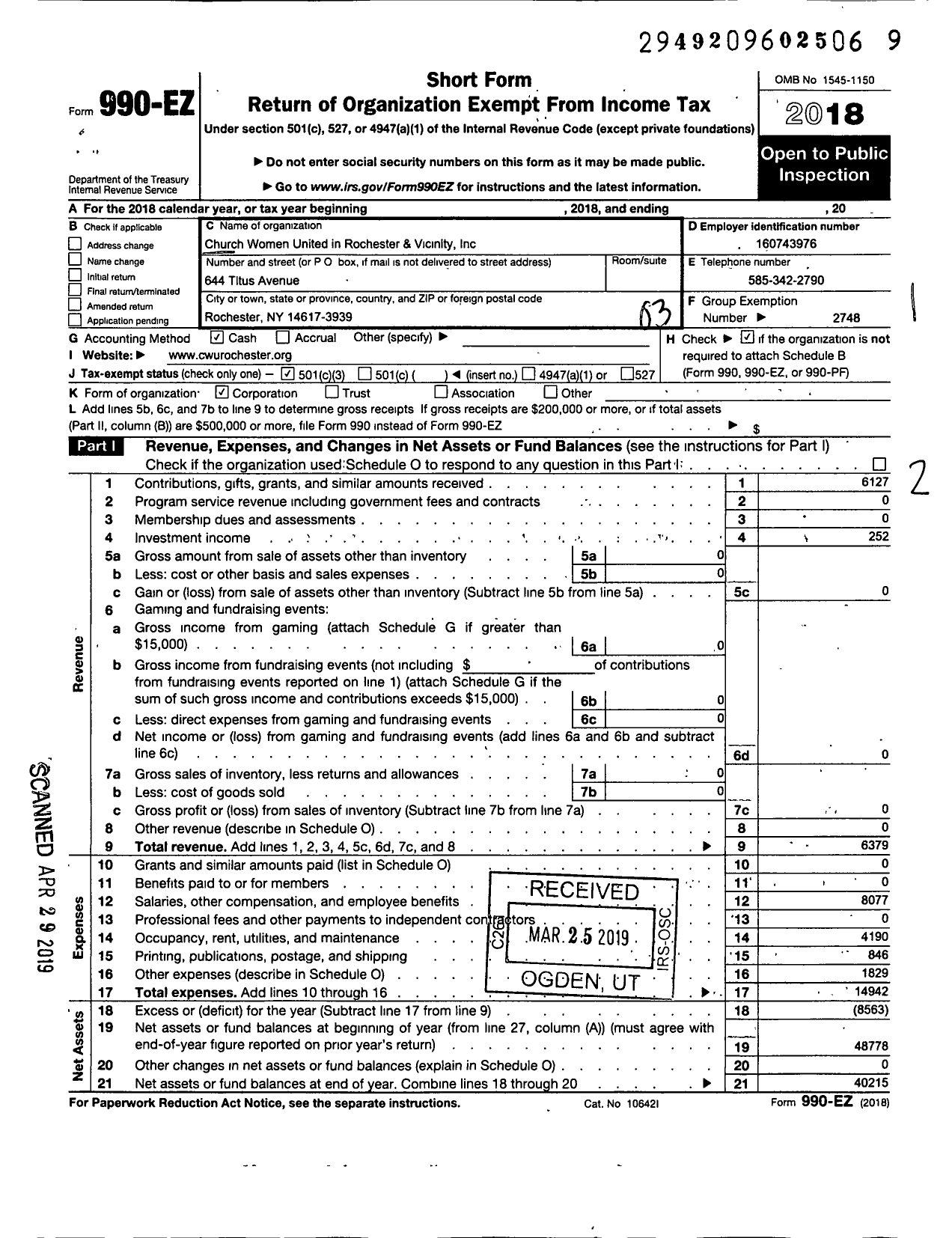 Image of first page of 2018 Form 990EZ for Church Women United in Rochester and Vicinity