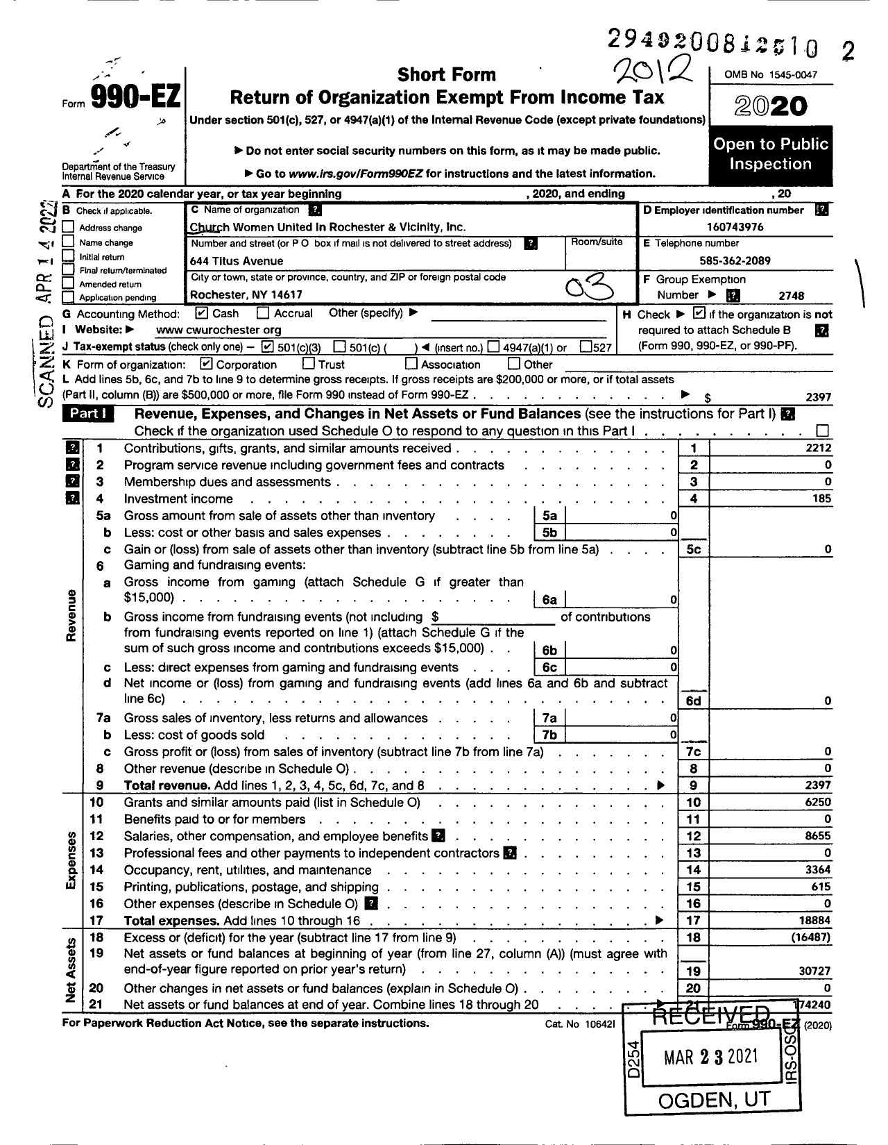 Image of first page of 2020 Form 990EZ for Church Women United in Rochester and Vicinity