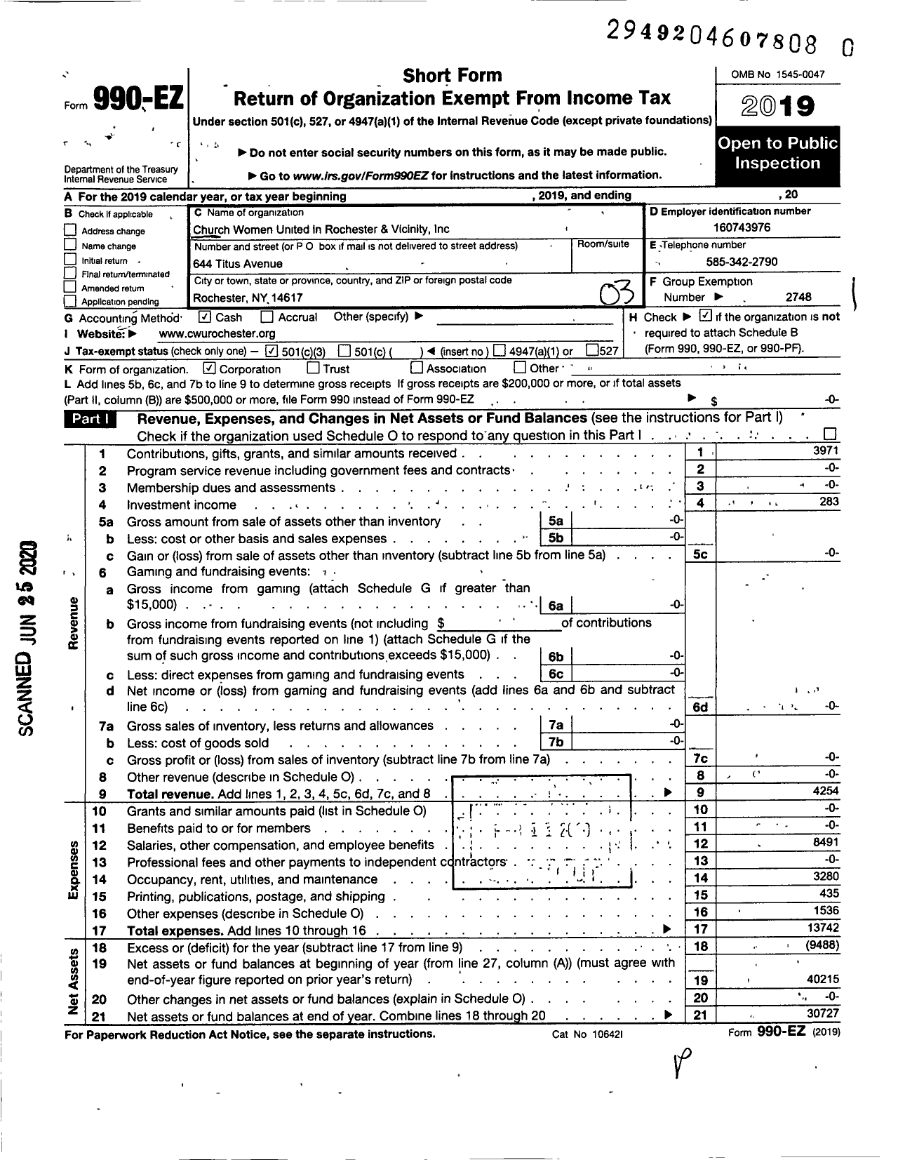 Image of first page of 2019 Form 990EZ for Church Women United in Rochester and Vicinity