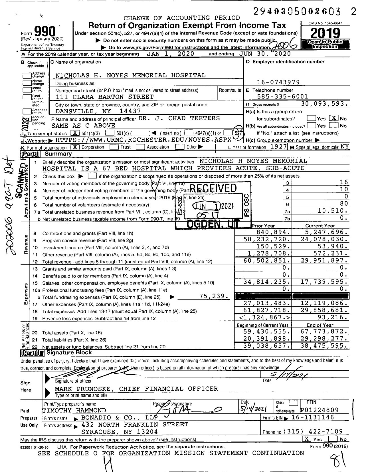 Image of first page of 2019 Form 990 for Nicholas H Noyes Memorial Hospital