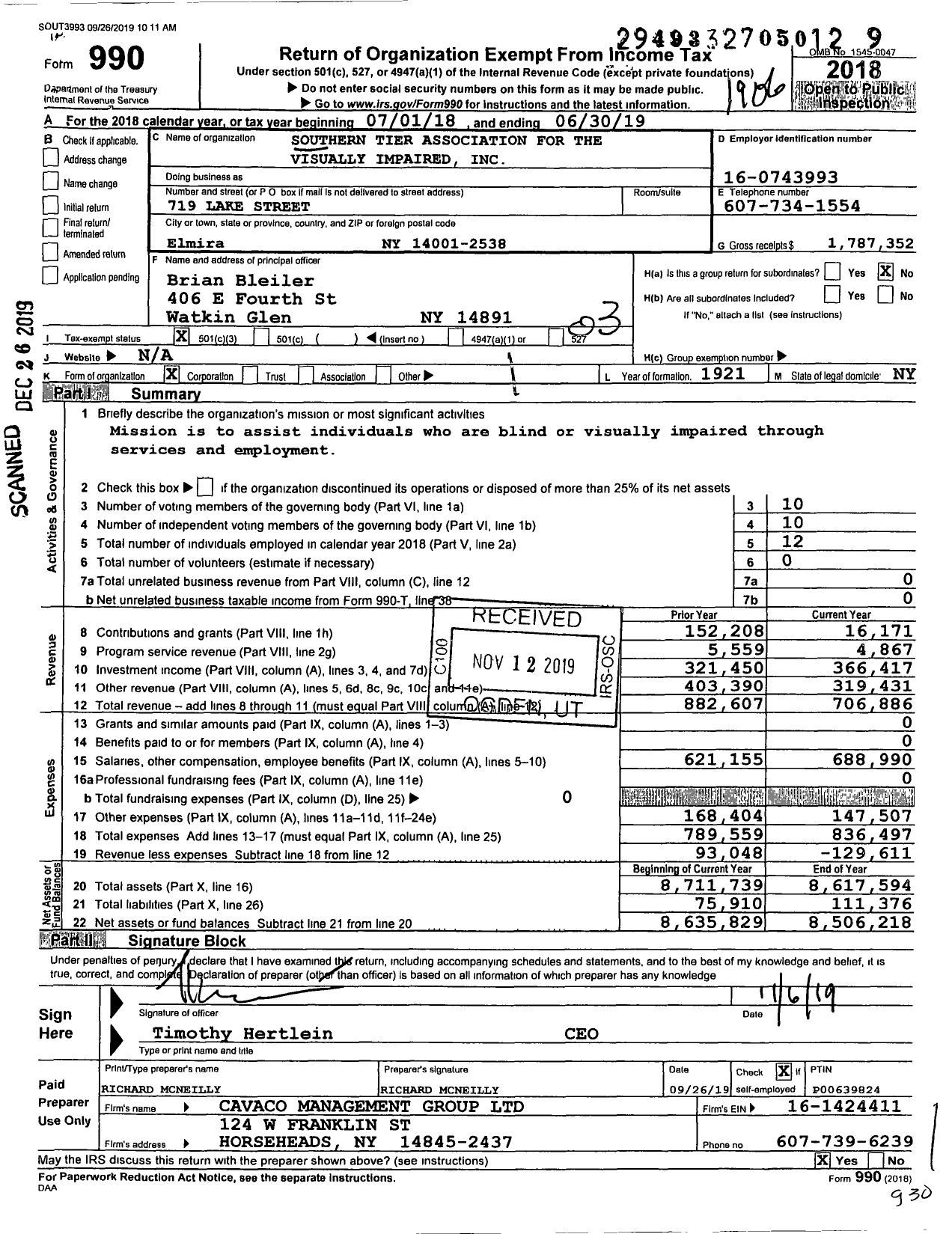 Image of first page of 2018 Form 990 for Southern Tier Association for the Visually Impaired