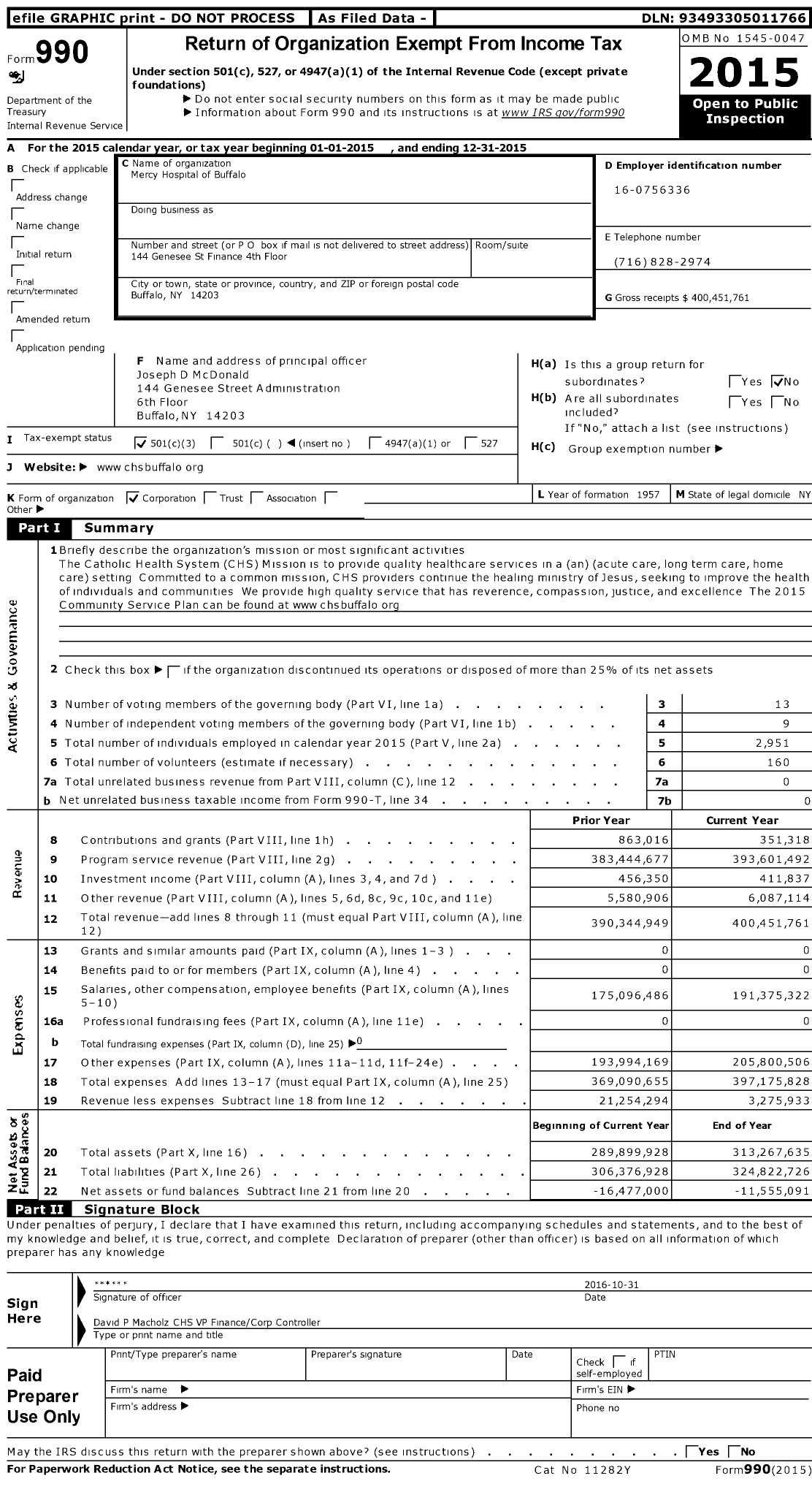 Image of first page of 2015 Form 990 for Mercy Hospital of Buffalo