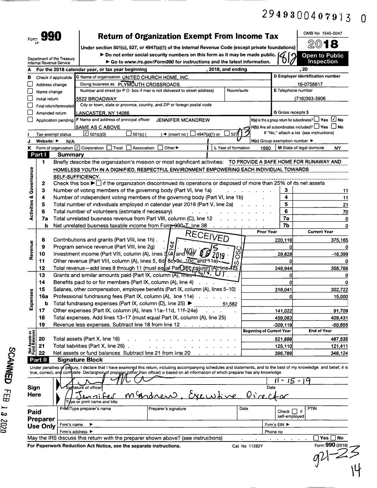 Image of first page of 2018 Form 990 for Plymouth Crossroads