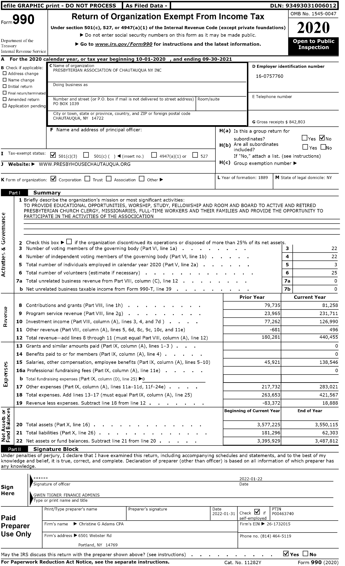 Image of first page of 2020 Form 990 for Presbyterian Association of Chautauqua NY