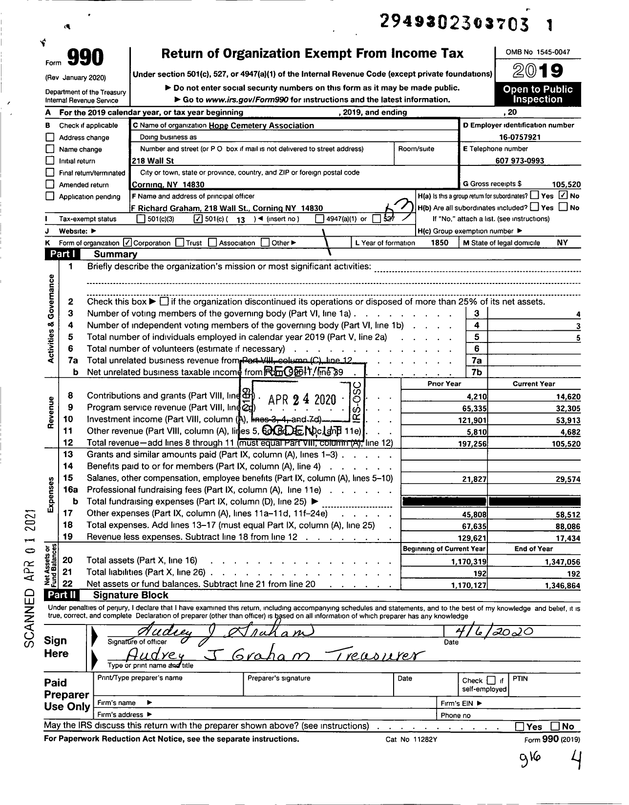 Image of first page of 2019 Form 990 for Hope Cemetery Association