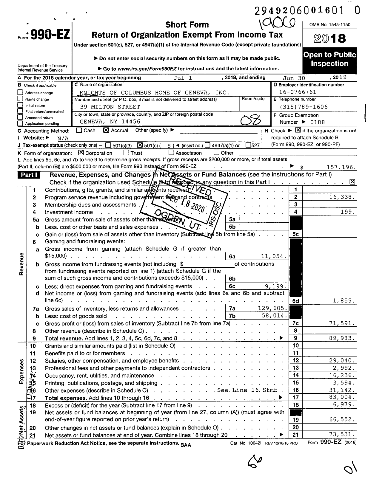 Image of first page of 2018 Form 990EO for Knights of Columbus Home of Geneva