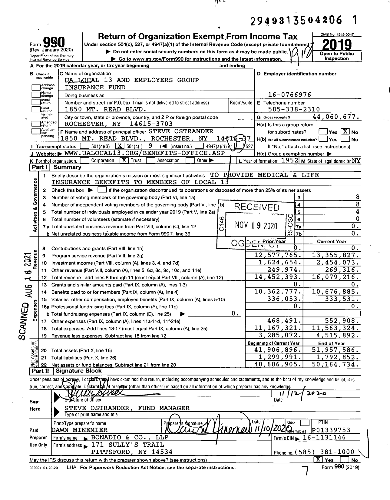 Image of first page of 2019 Form 990O for United Association Employers Group Insurance Fund 13