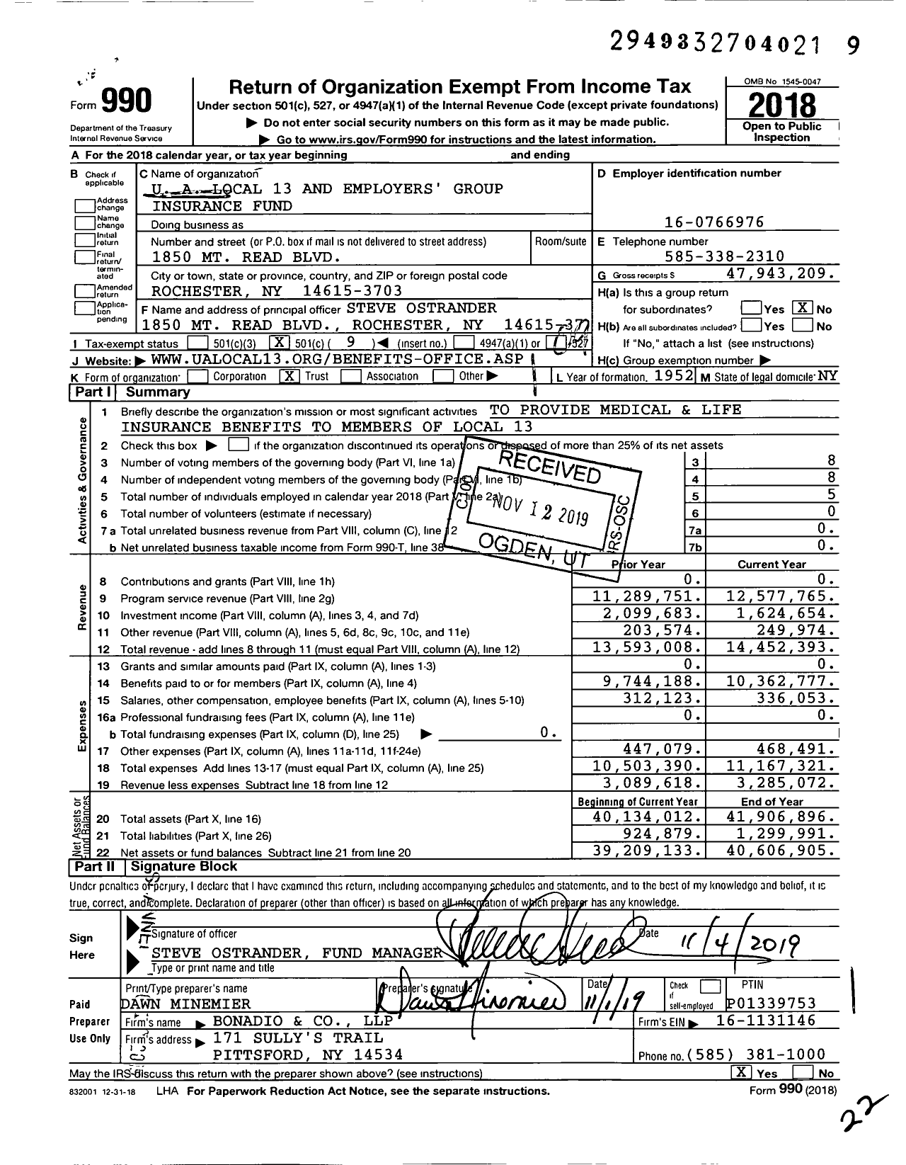 Image of first page of 2018 Form 990O for United Association Employers Group Insurance Fund 13