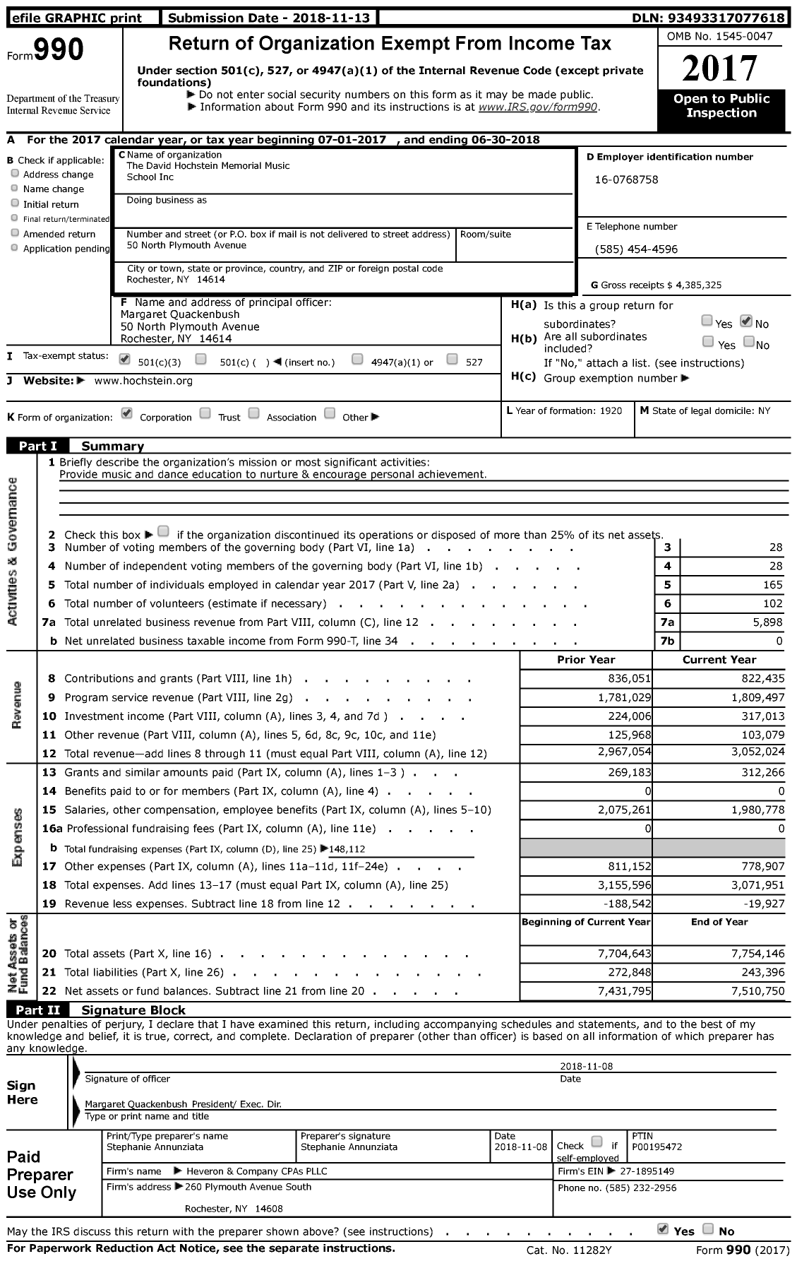 Image of first page of 2017 Form 990 for The Hochstein School