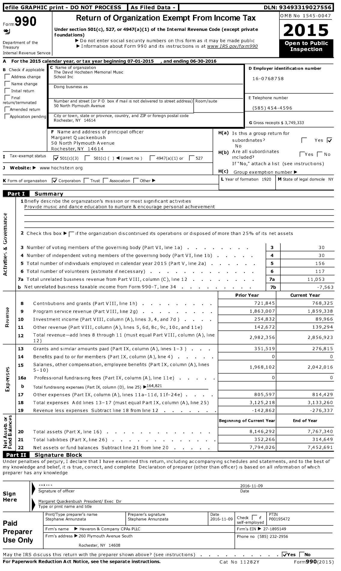 Image of first page of 2015 Form 990 for The Hochstein School