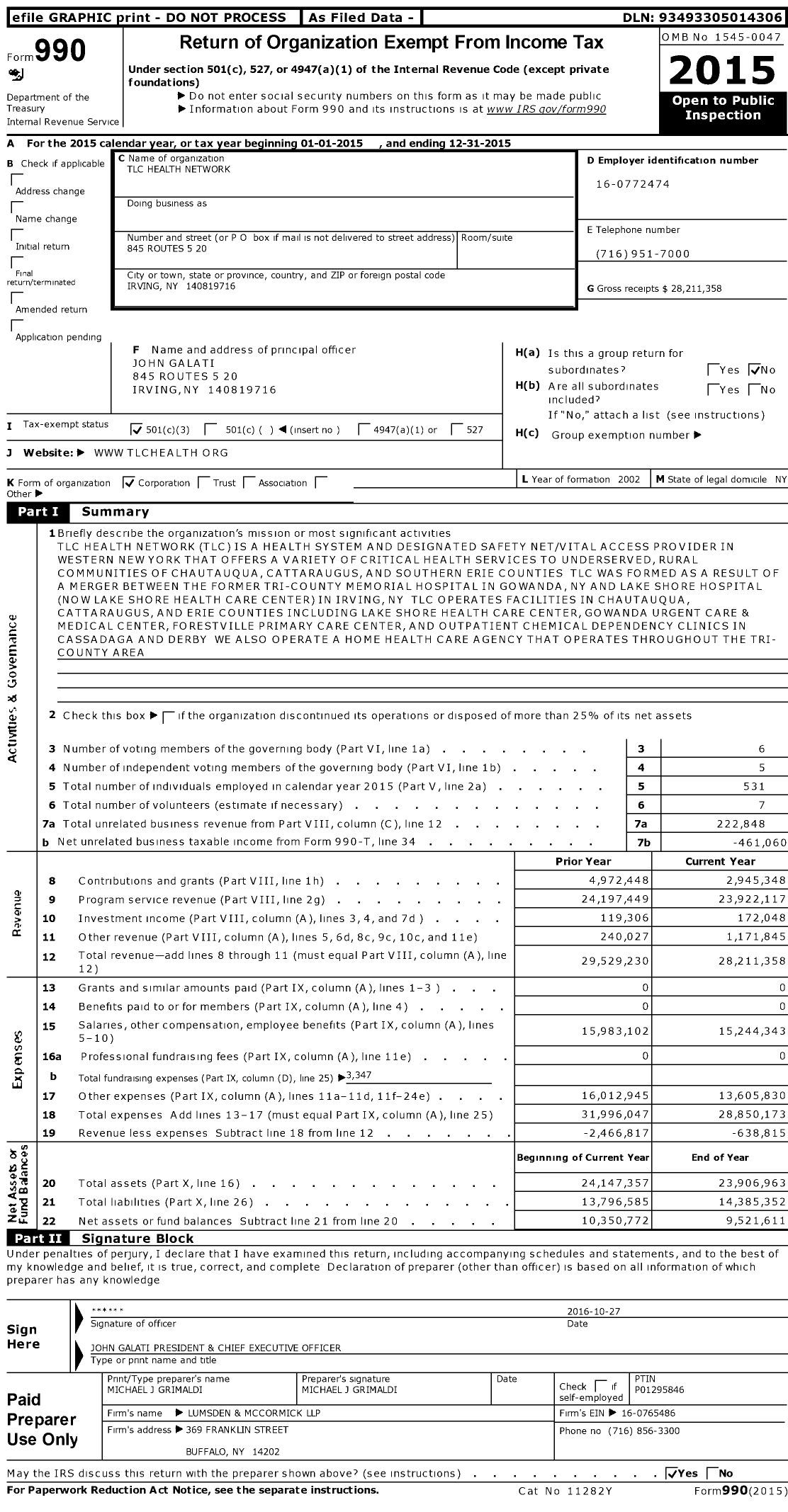 Image of first page of 2015 Form 990 for TLC Health Network