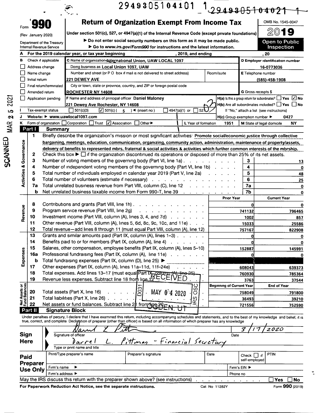 Image of first page of 2019 Form 990 for International Union UAW LOCAL 1097