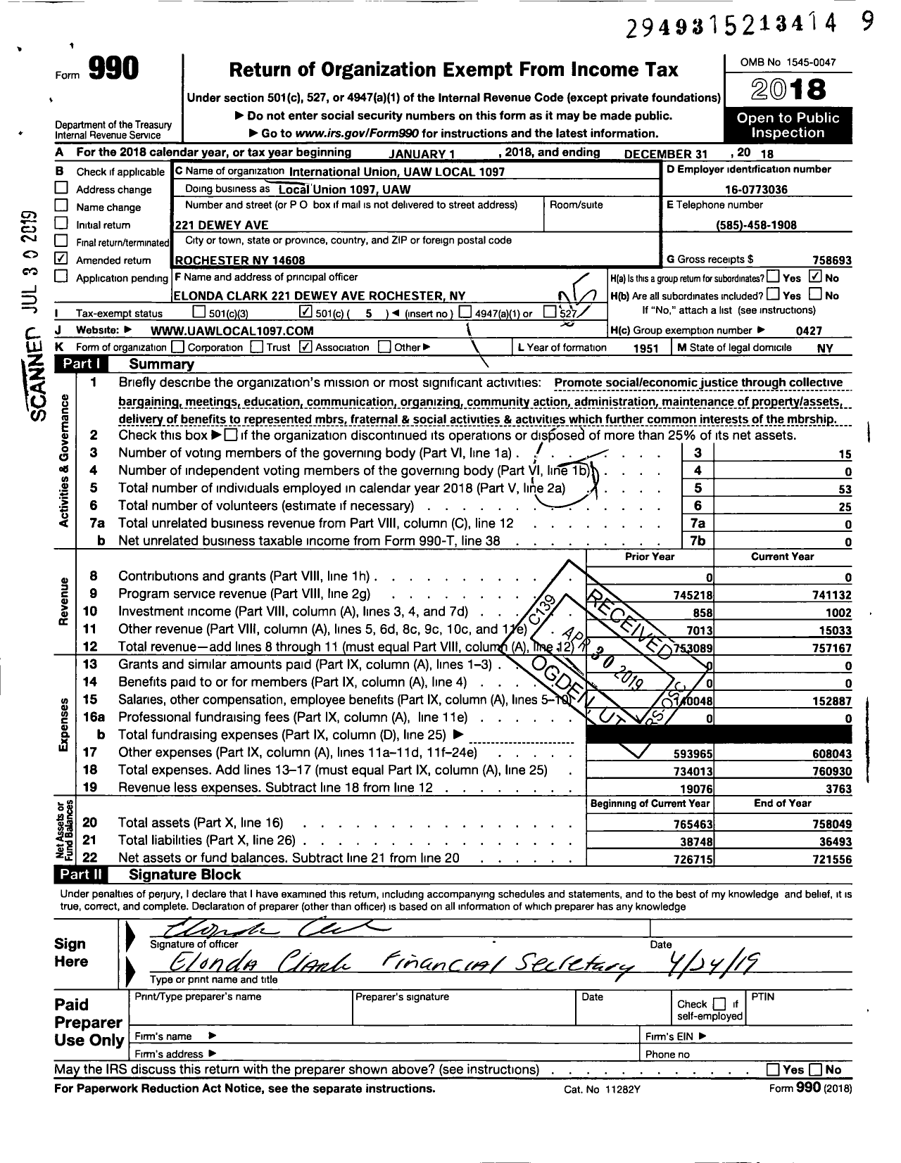 Image of first page of 2018 Form 990O for International Union UAW LOCAL 1097