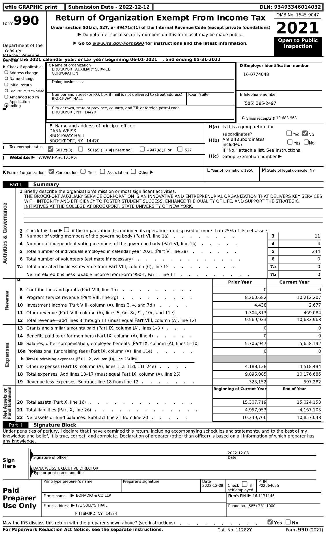 Image of first page of 2021 Form 990 for Brockport Auxilary Service Corporation (BASC)