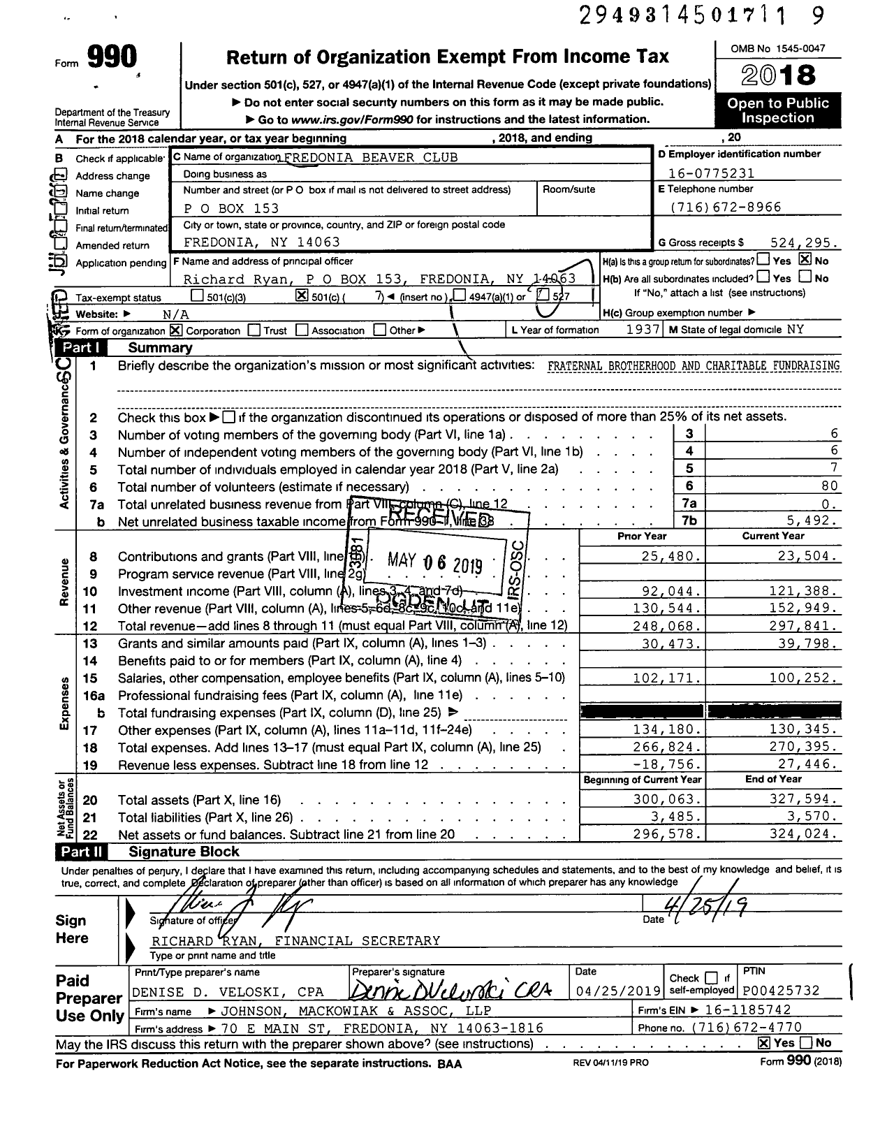 Image of first page of 2018 Form 990O for Fredonia Beaver Club