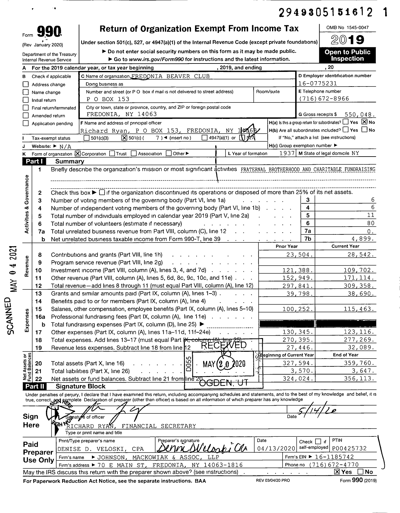 Image of first page of 2019 Form 990O for Fredonia Beaver Club