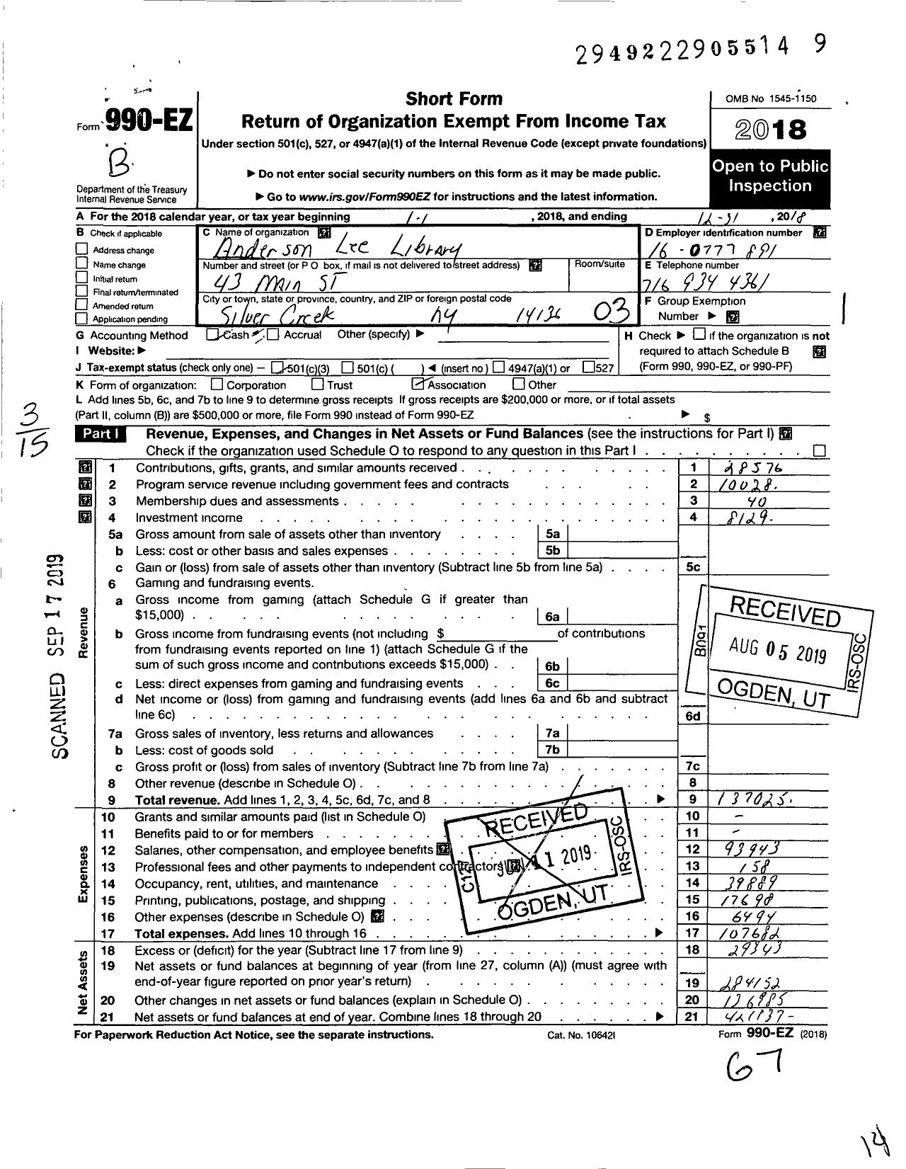 Image of first page of 2018 Form 990EZ for Anderson Lee Library