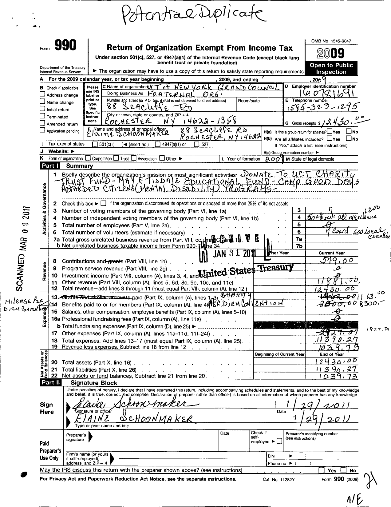 Image of first page of 2009 Form 990O for United Commercial Travelers of America / New York Grand Council