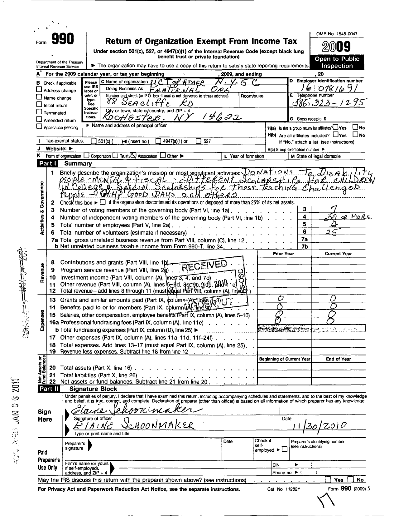 Image of first page of 2009 Form 990O for United Commercial Travelers of America / New York Grand Council