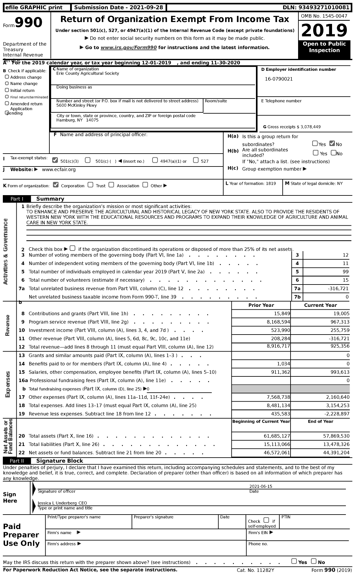 Image of first page of 2019 Form 990 for Erie County Agricultural Society